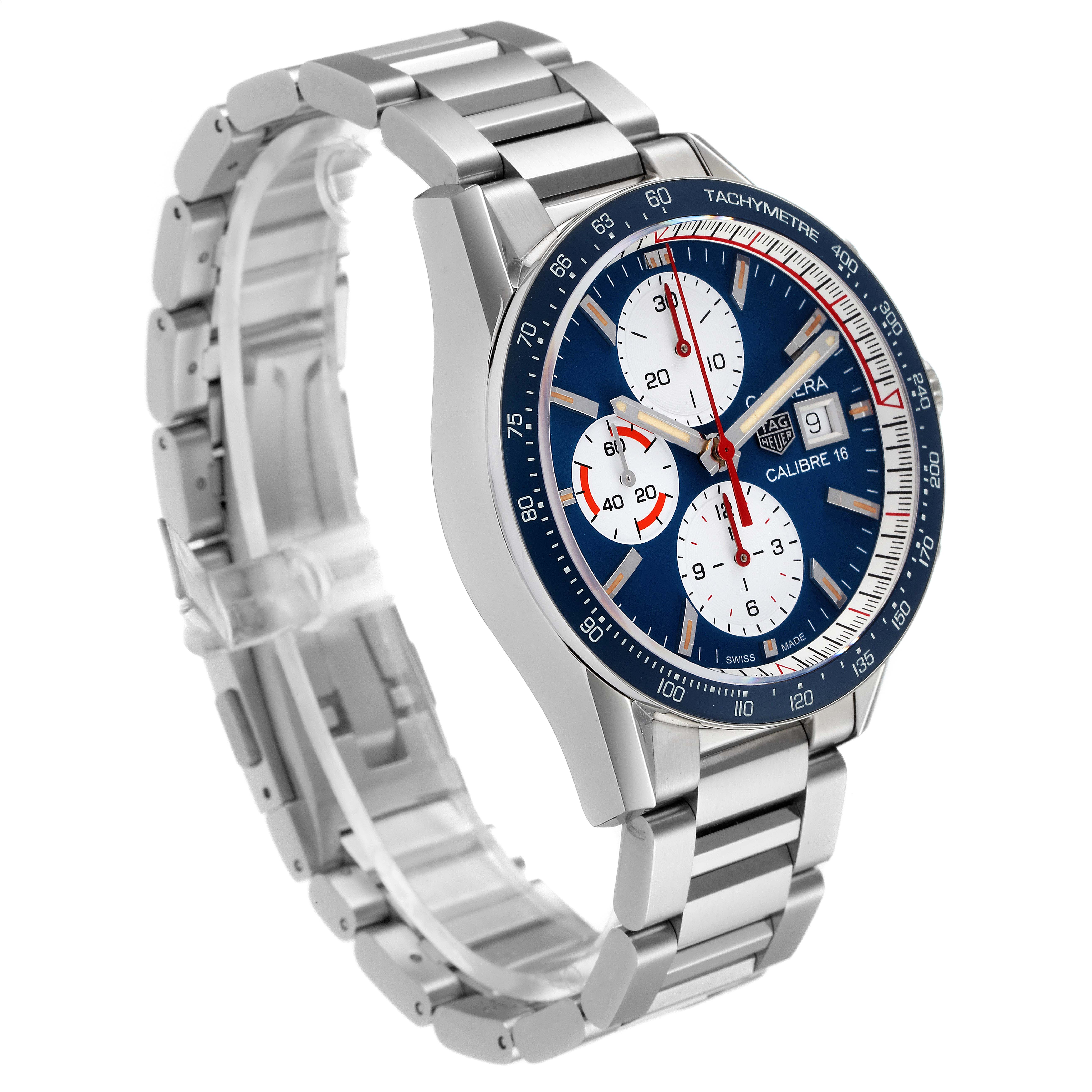 The Tag Heuer Carrera CV201AR.BA0715 Men
s Stainless Steel Blue Dial CV201AR.BA0715 Men
s Stainless Steel Blue Dial watch is shown at an angled view, displaying the dial, tachymeter bezel, and stainless steel bracelet.