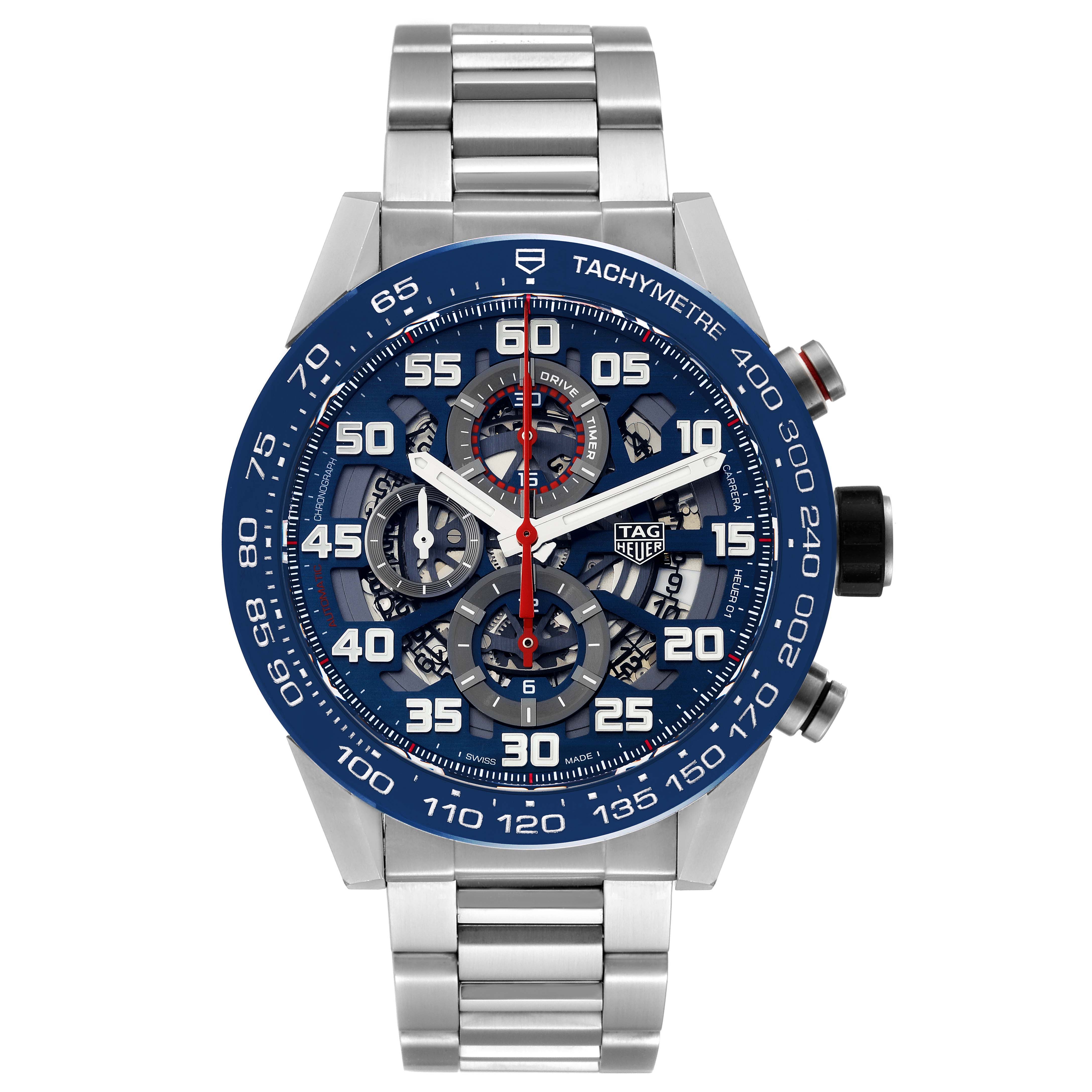 The Tag Heuer Carrera CAR2A1K.BA0703 Men's Stainless Steel Blue Dial CAR2A1K.BA0703 Men's Stainless Steel Blue Dial watch is shown from a front angle, highlighting its blue tachymeter bezel, dial, and metal bracelet.