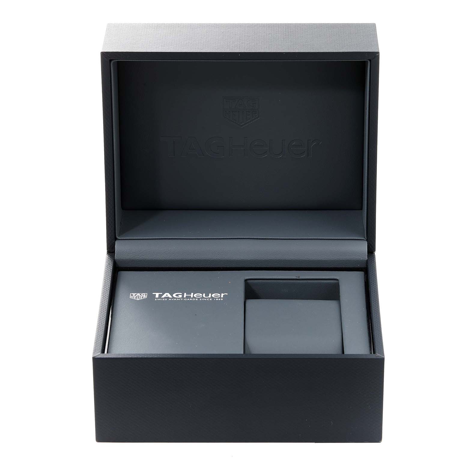 This image shows an open Tag Heuer Carrera CAR2A1K.BA0703 Men's Stainless Steel Blue Dial CAR2A1K.BA0703 Men's Stainless Steel Blue Dial watch box, revealing its compartments and internal branding.