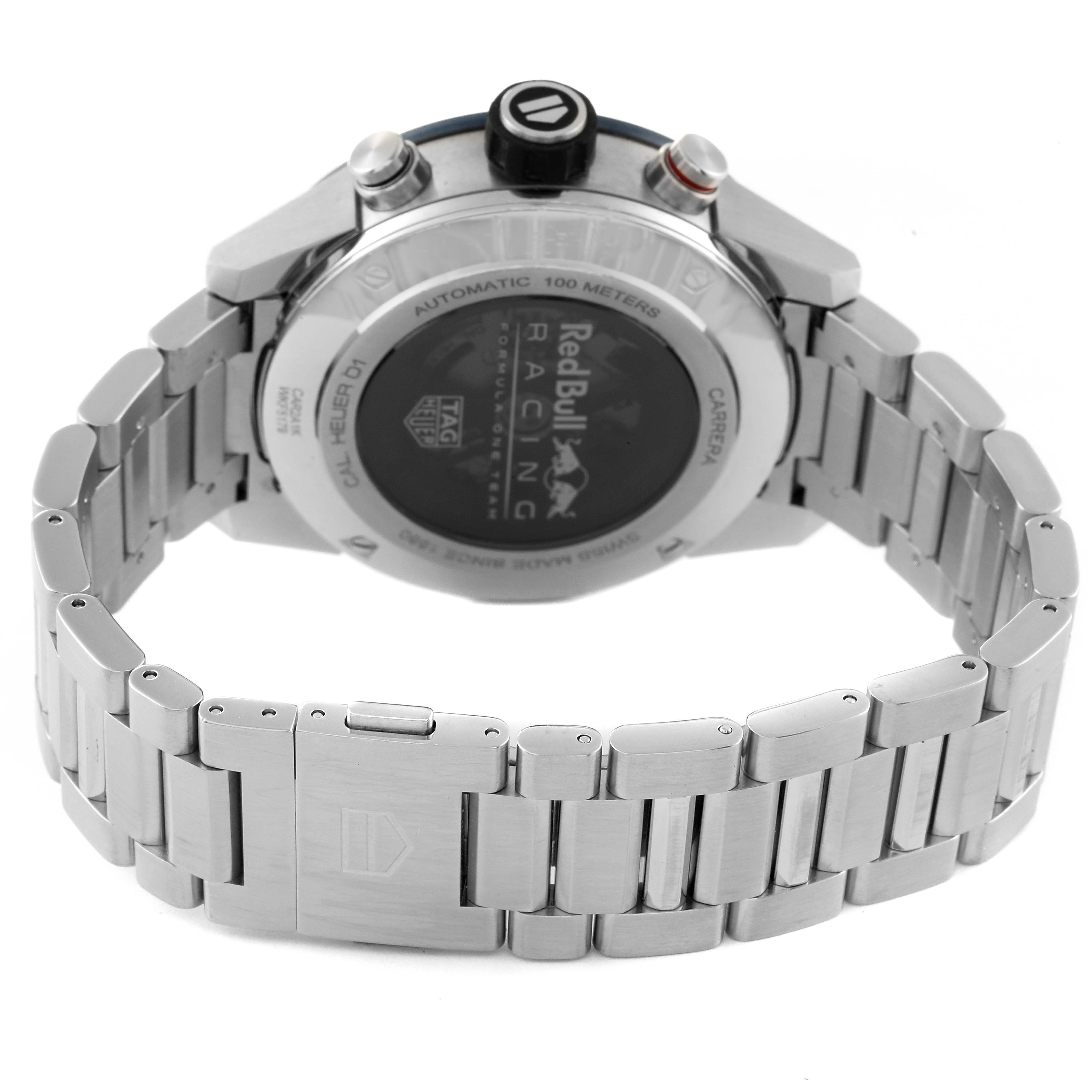 The image shows the back and side view of a Tag Heuer Carrera CAR2A1K.BA0703 Men's Stainless Steel Blue Dial CAR2A1K.BA0703 Men's Stainless Steel Blue Dial watch, highlighting the case back, bracelet, and clasp.