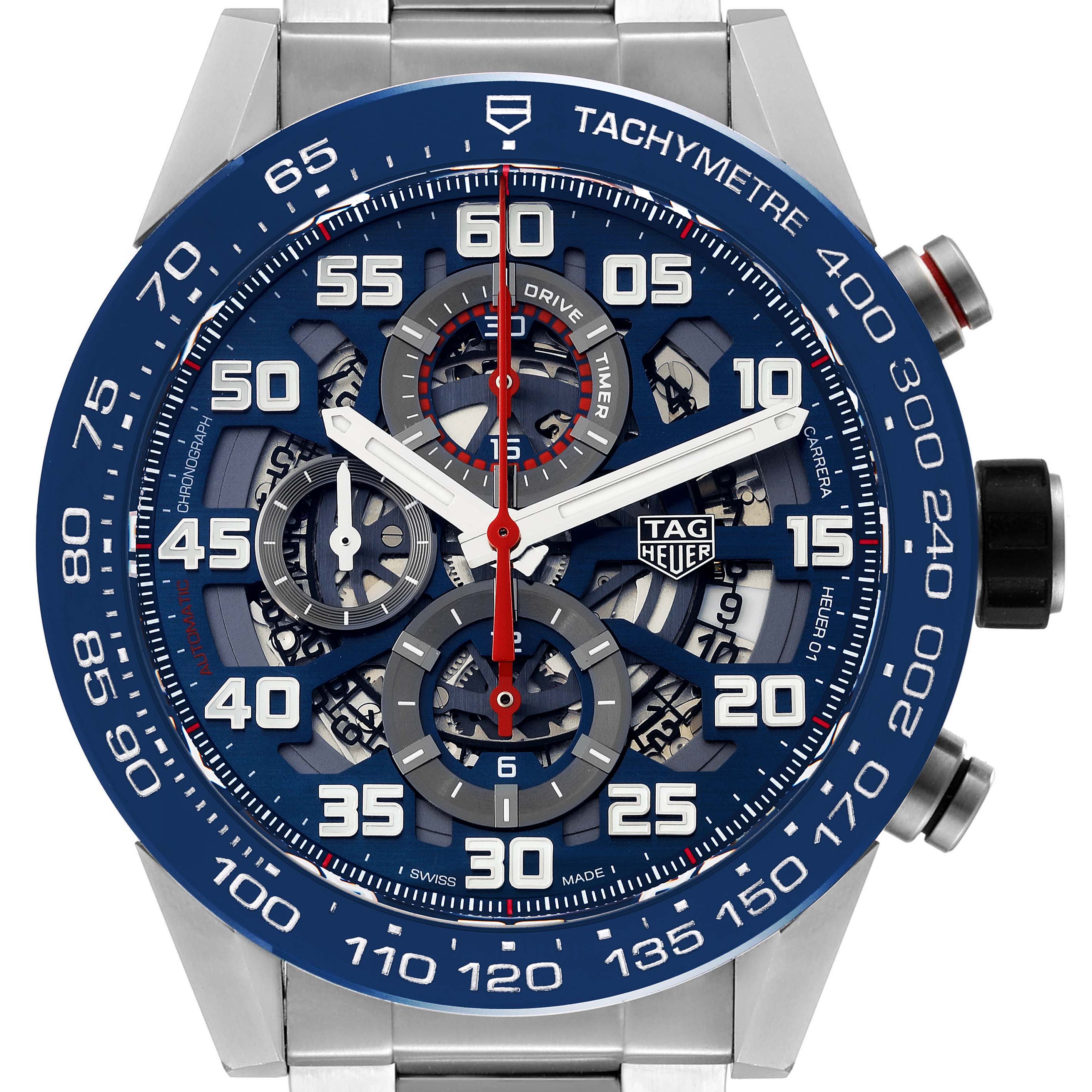 The image shows the face of the Tag Heuer Carrera CAR2A1K.BA0703 Men's Stainless Steel Blue Dial CAR2A1K.BA0703 Men's Stainless Steel Blue Dial watch, highlighting the tachymeter scale and chronograph subdials.