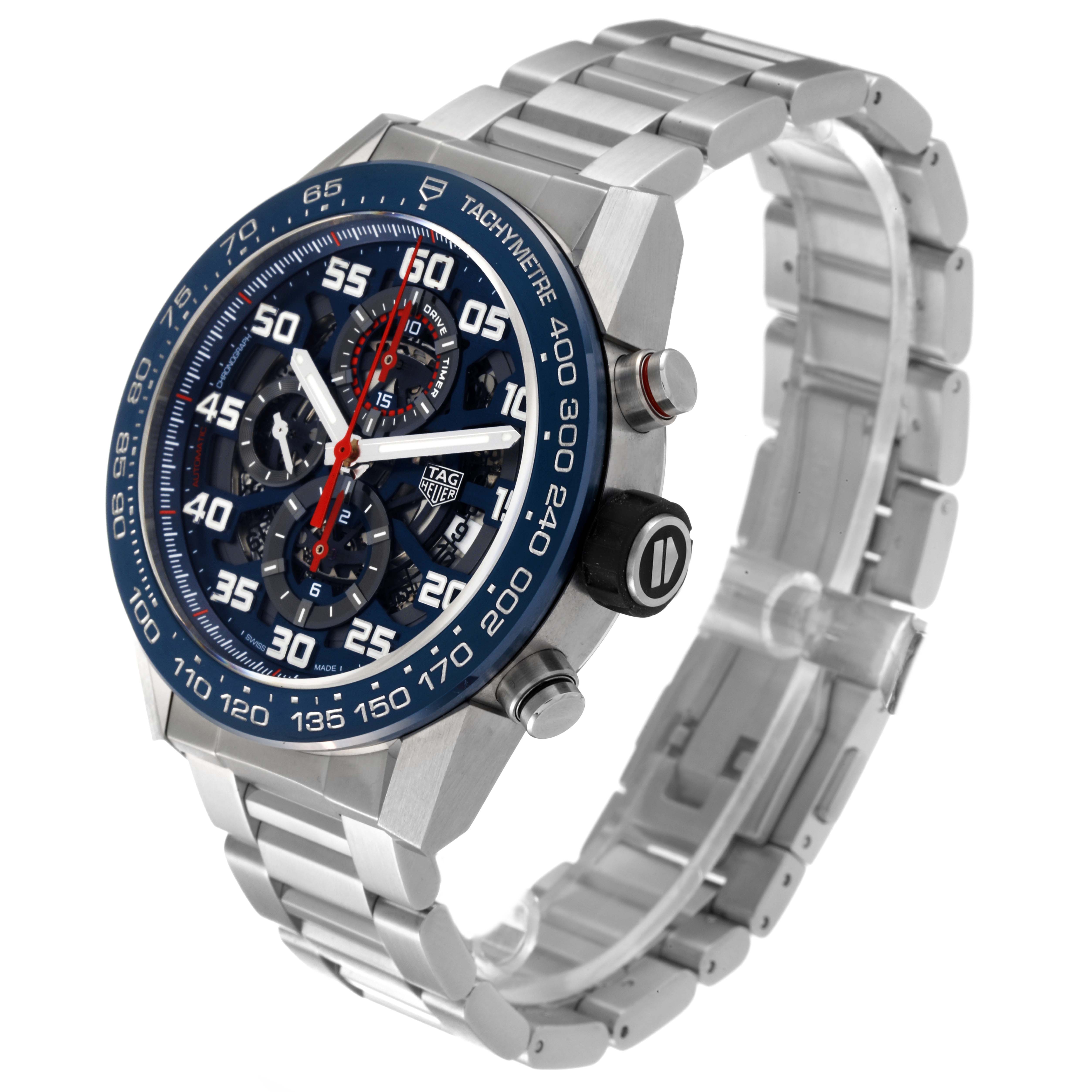 The Tag Heuer Carrera CAR2A1K.BA0703 Men's Stainless Steel Blue Dial CAR2A1K.BA0703 Men's Stainless Steel Blue Dial watch is shown at an angled side view, highlighting its face, bezel, and metal bracelet.