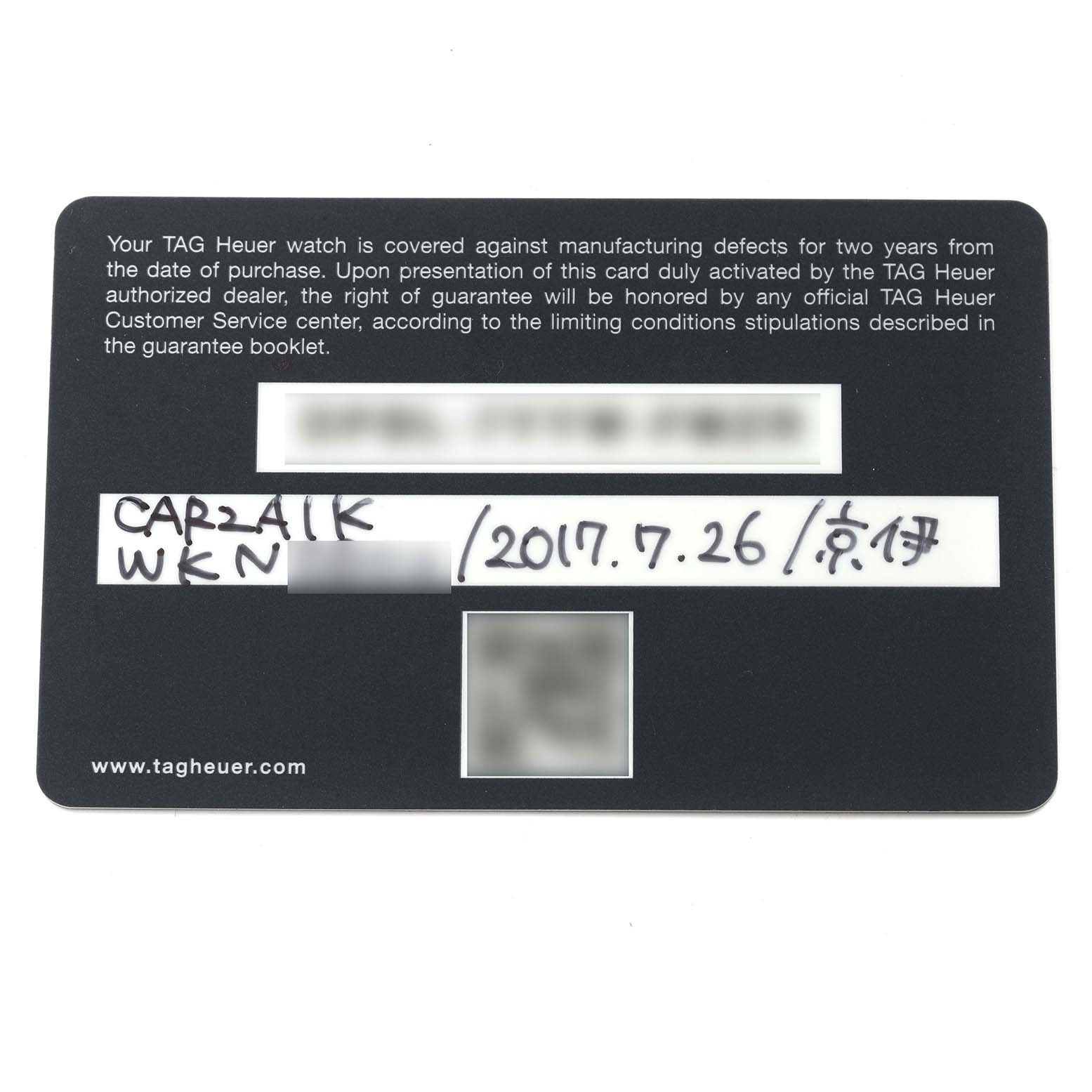 The image shows the warranty card for the Carrera model by Tag Heuer, including purchase details and warranty terms.