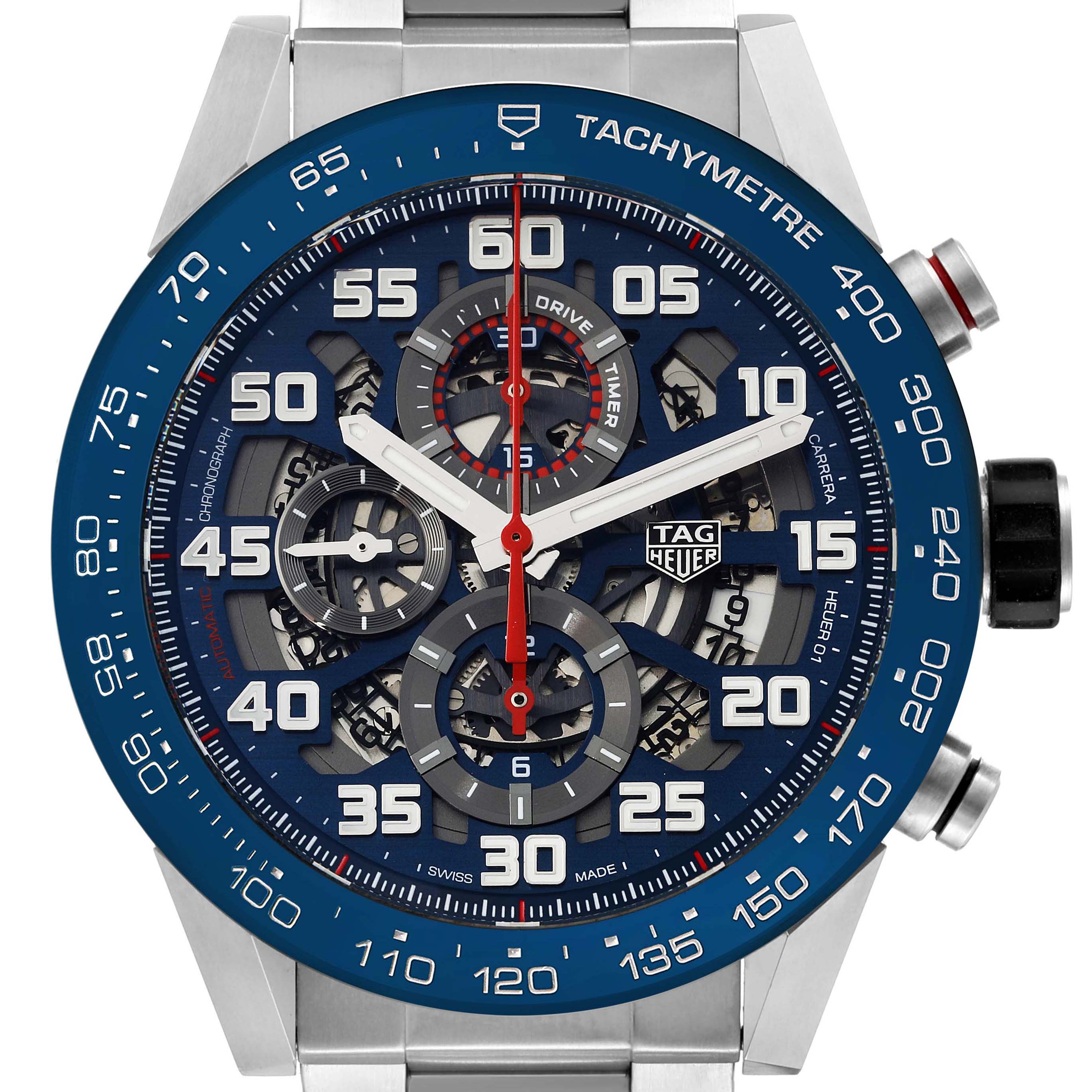 The image shows the face and bezel of a Tag Heuer Carrera CAR2A1K.BA0703 Men's Stainless Steel Blue Dial CAR2A1K.BA0703 Men's Stainless Steel Blue Dial model watch, featuring a blue tachymeter and multiple sub-dials.