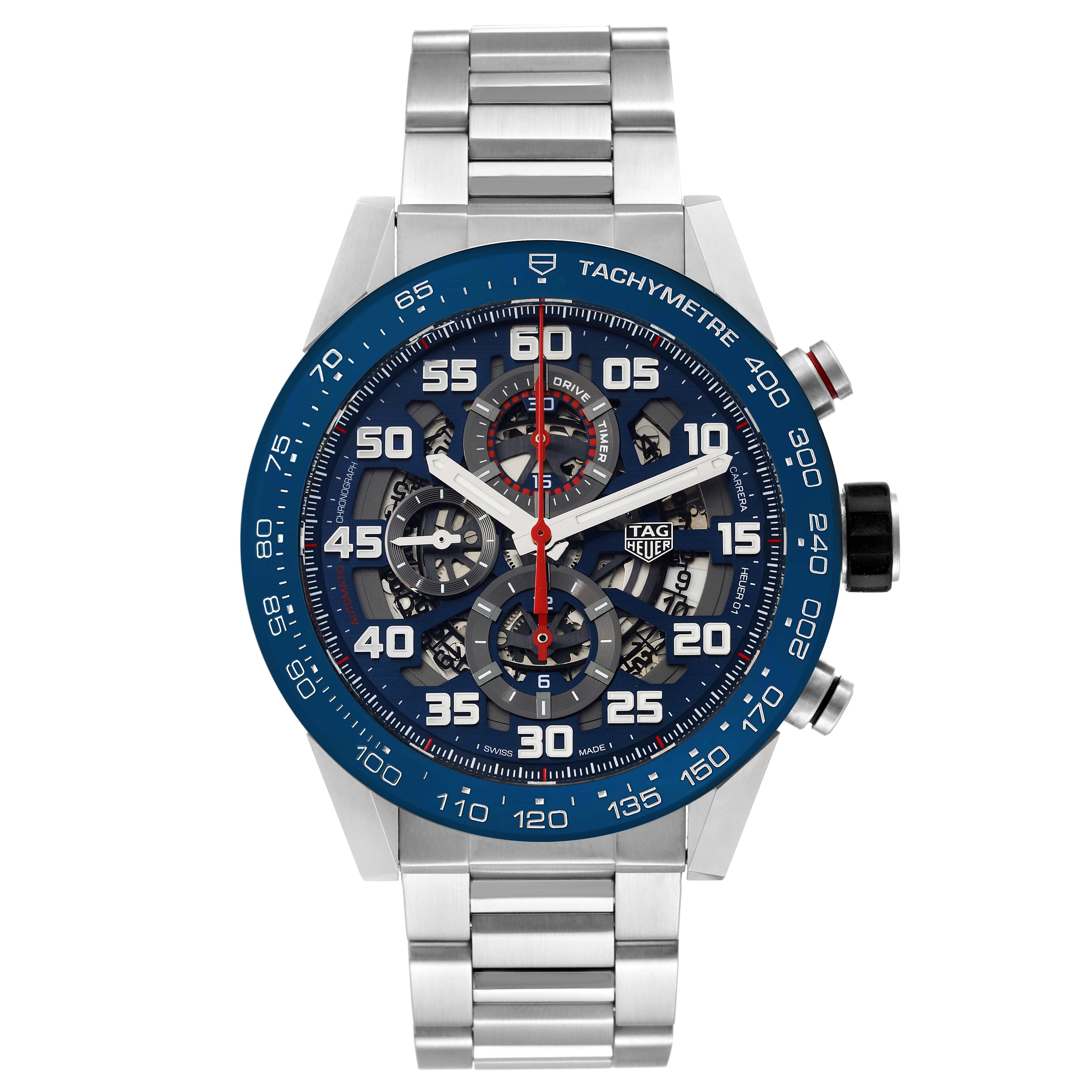 The image shows a front view of a Tag Heuer Carrera CAR2A1K.BA0703 Men's Stainless Steel Blue Dial CAR2A1K.BA0703 Men's Stainless Steel Blue Dial watch with a stainless steel bracelet and a blue tachymetre bezel.