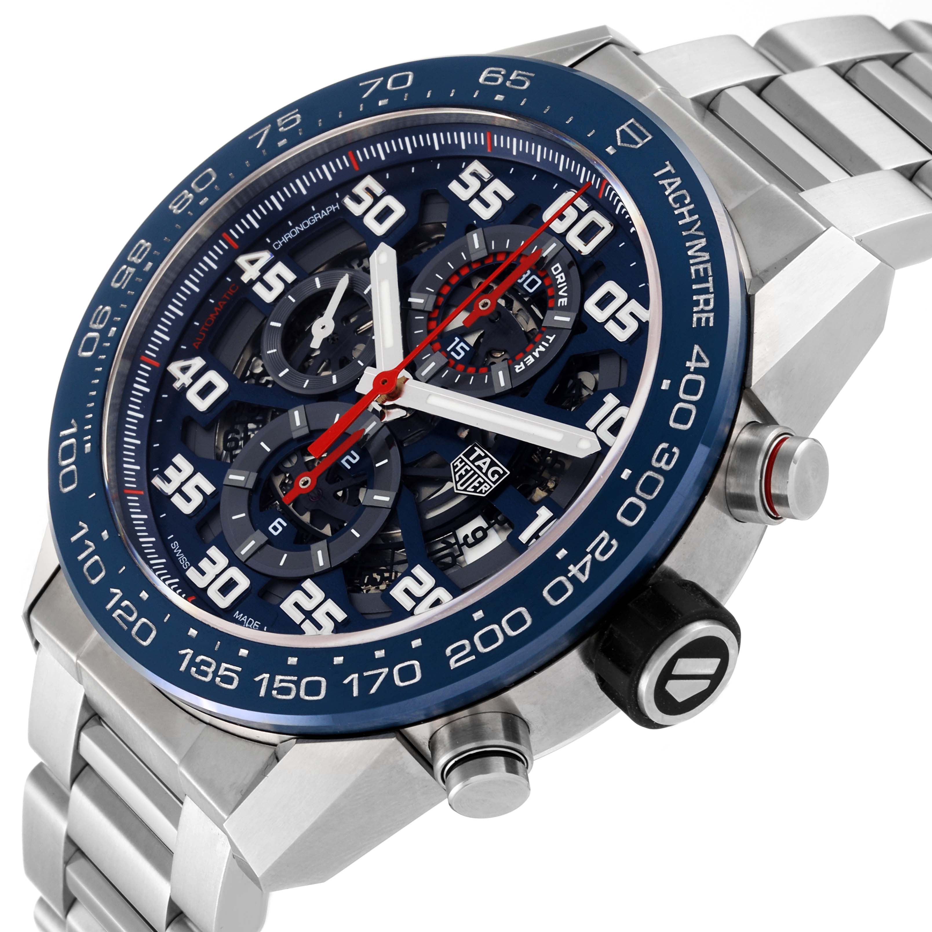 The image shows a detailed angled view of the Tag Heuer Carrera CAR2A1K.BA0703 Men's Stainless Steel Blue Dial CAR2A1K.BA0703 Men's Stainless Steel Blue Dial watch, highlighting its face, bezel, and part of the bracelet.