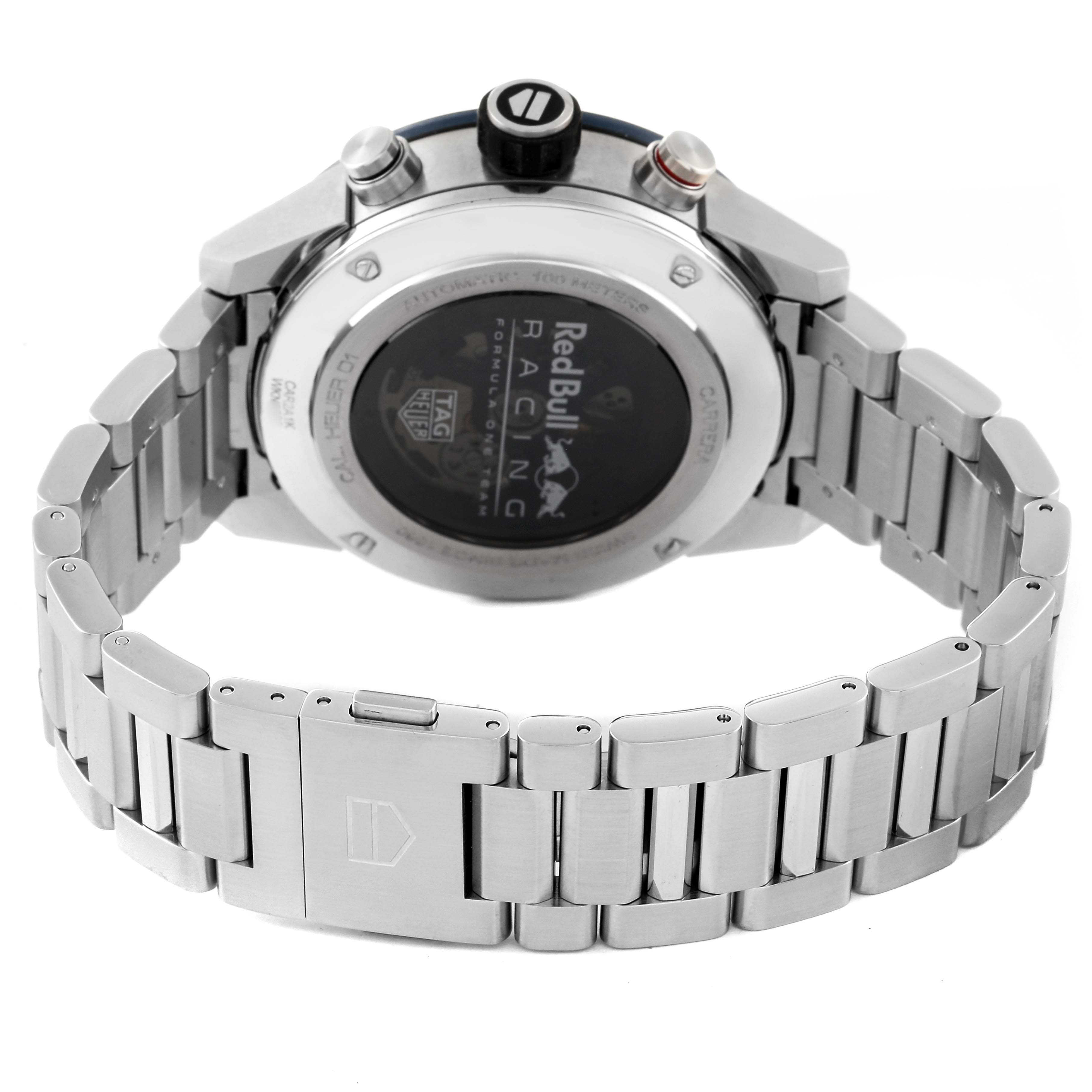 The image shows the back case and bracelet of a Tag Heuer Carrera CAR2A1K.BA0703 Men's Stainless Steel Blue Dial CAR2A1K.BA0703 Men's Stainless Steel Blue Dial watch, featuring a Red Bull Racing logo.