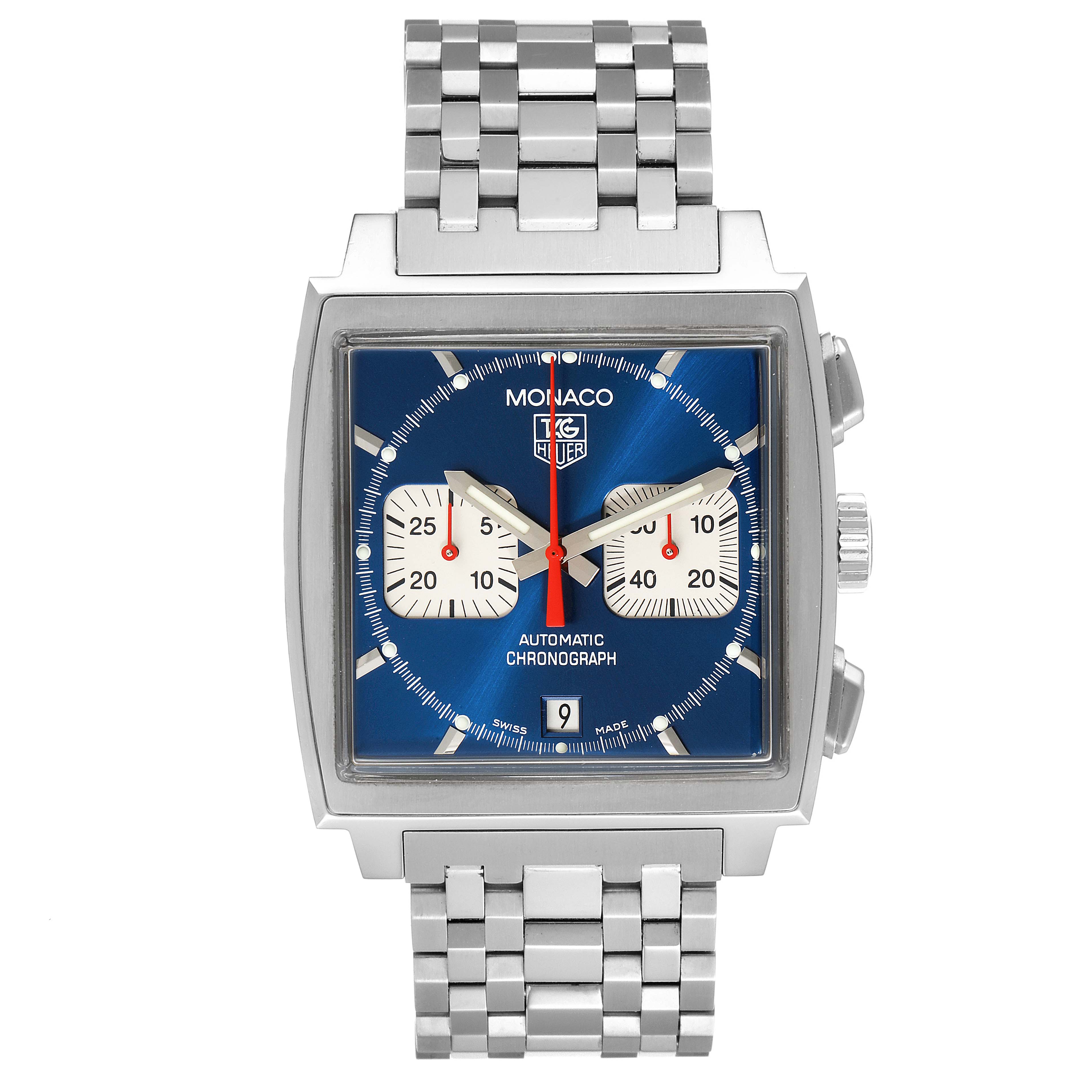 The image shows a front view of the Tag Heuer Monaco CW2113.BA0780 Men's Stainless Steel Blue Dial CW2113.BA0780 Men's Stainless Steel Blue Dial model watch, highlighting its blue dial, sub-dials, date window, and metal bracelet.