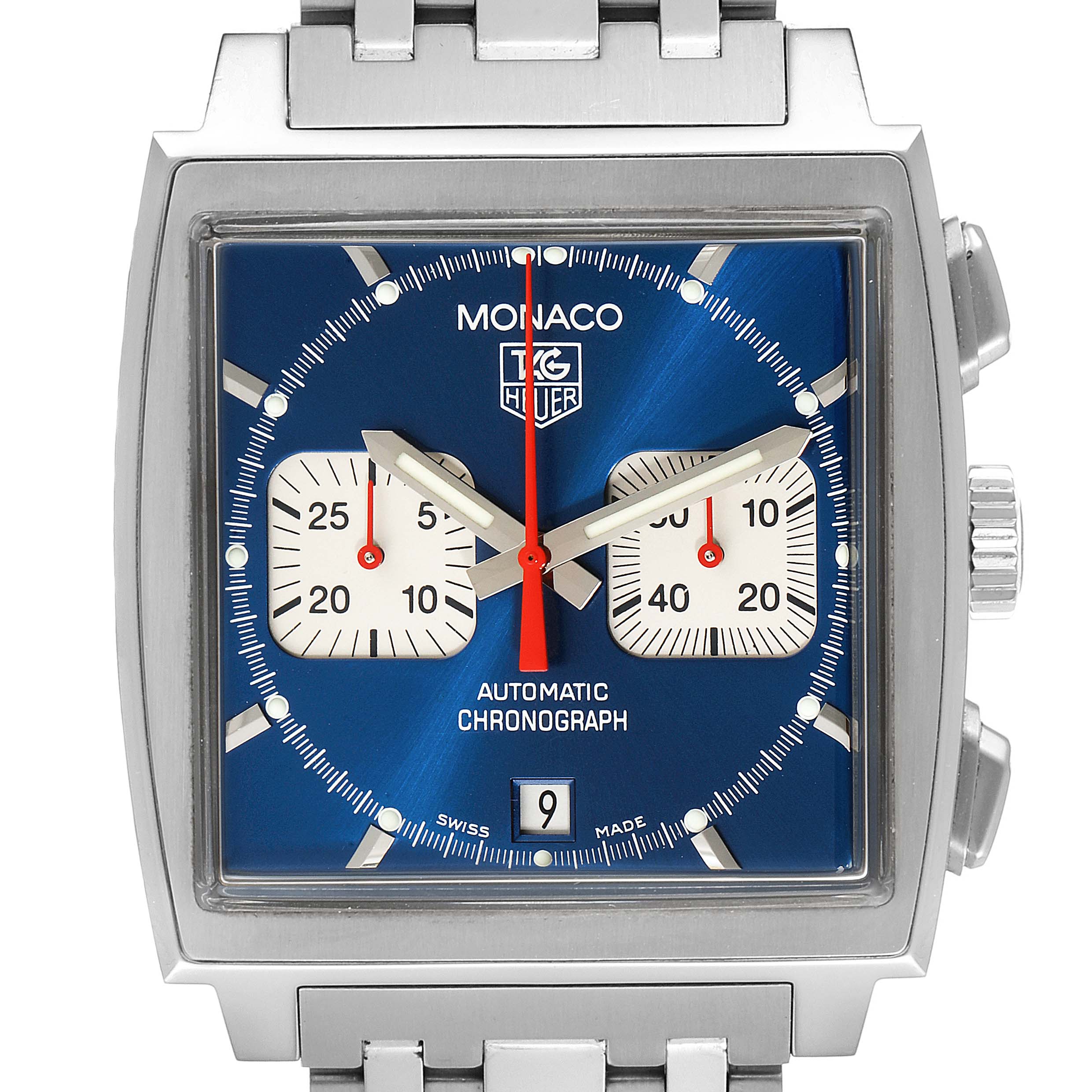 The image shows a front view of the Tag Heuer Monaco CW2113.BA0780 Men's Stainless Steel Blue Dial CW2113.BA0780 Men's Stainless Steel Blue Dial watch, highlighting its blue dial, square case, and chronograph subdials.
