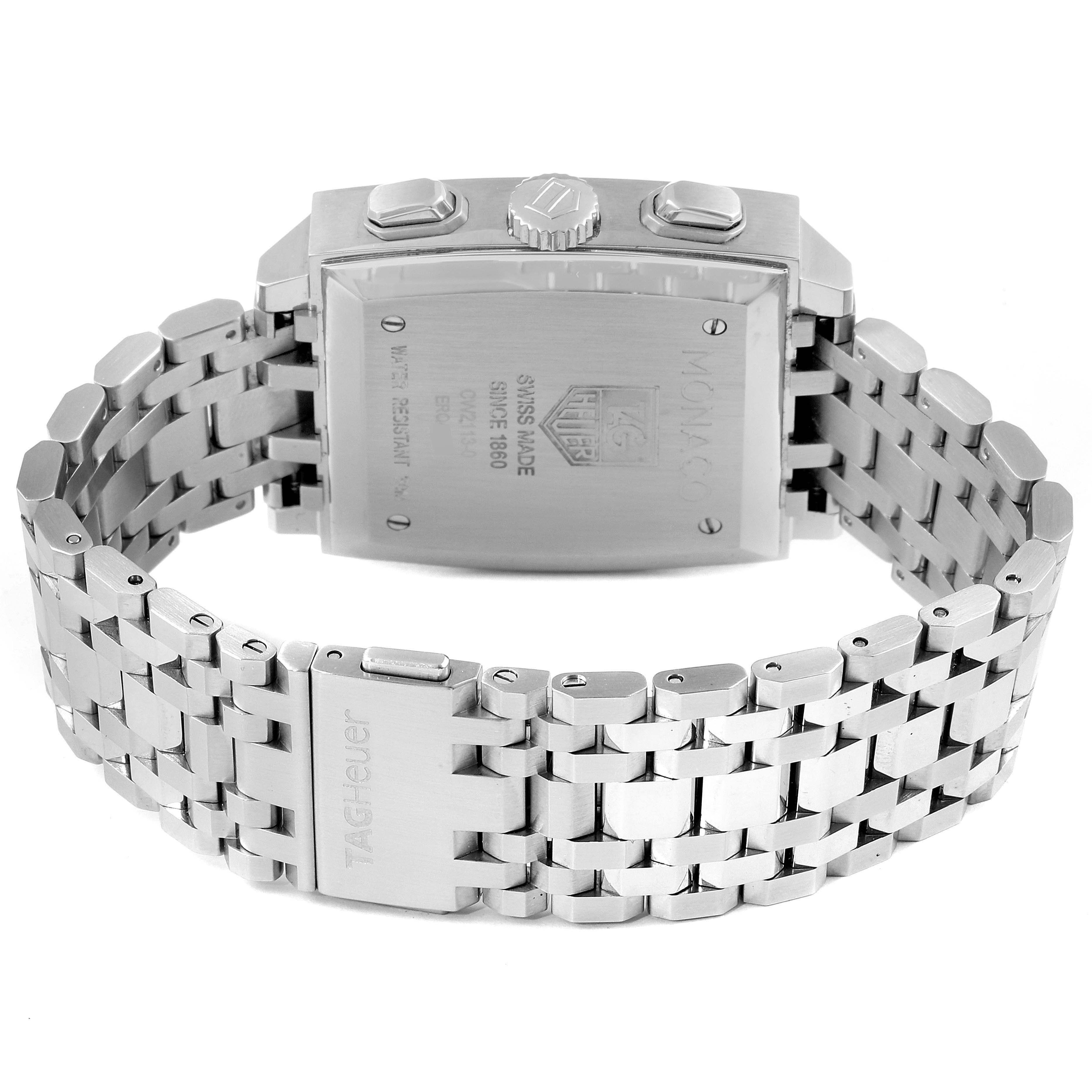 The image shows the back view of a Tag Heuer Monaco CW2113.BA0780 Men's Stainless Steel Blue Dial CW2113.BA0780 Men's Stainless Steel Blue Dial watch, highlighting the case back, crown, pushers, and metal bracelet.