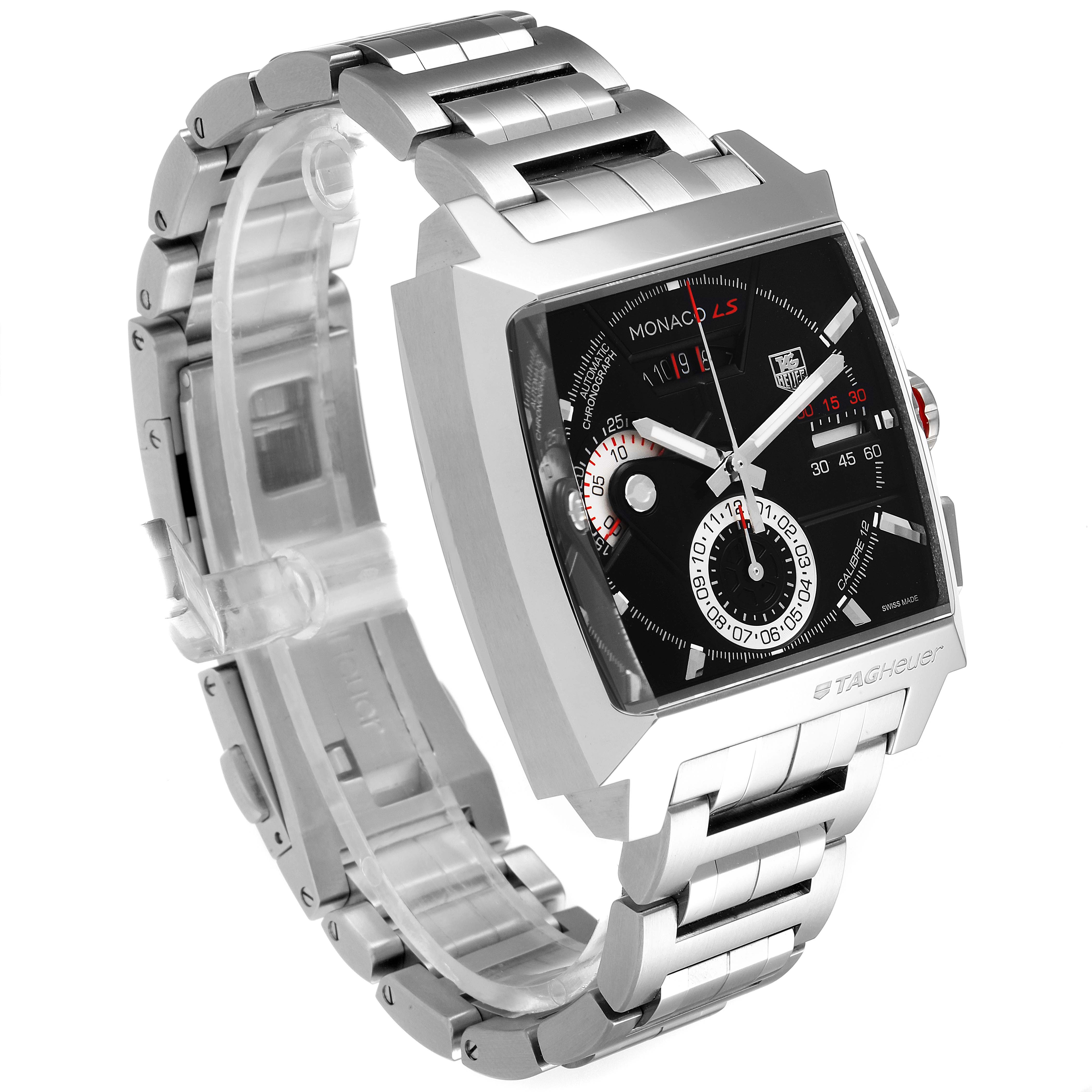 The image shows a side view of the Tag Heuer Monaco CAL2110.BA0781 Men's Stainless Steel Black Dial CAL2110.BA0781 Men's Stainless Steel Black Dial watch, displaying its square dial, stainless steel case, and bracelet.