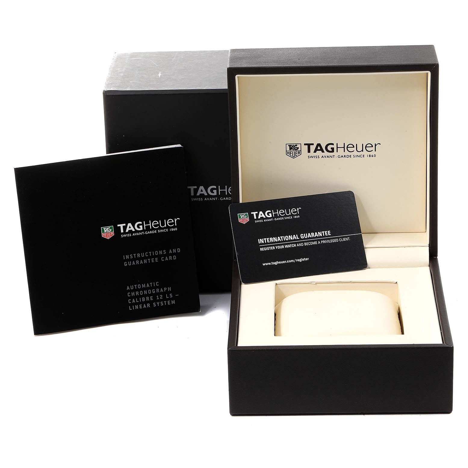 The image shows the packaging, warranty, and instruction booklets for the Tag Heuer Monaco CAL2110.BA0781 Men's Stainless Steel Black Dial CAL2110.BA0781 Men's Stainless Steel Black Dial model watch.