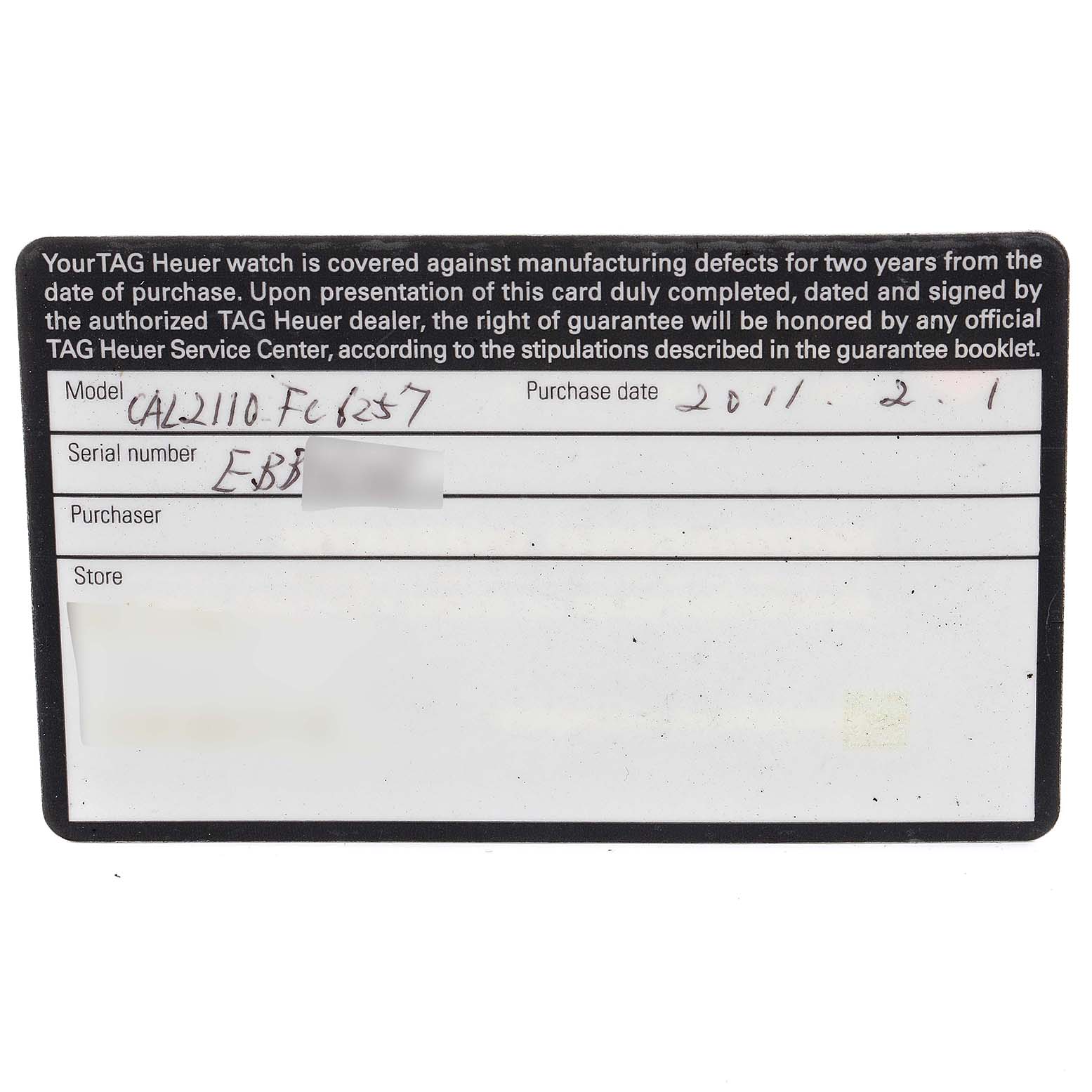 The image shows a warranty card for a Tag Heuer Monaco CAL2110.BA0781 Men's Stainless Steel Black Dial CAL2110.BA0781 Men's Stainless Steel Black Dial watch model, detailing the serial number and purchase date.