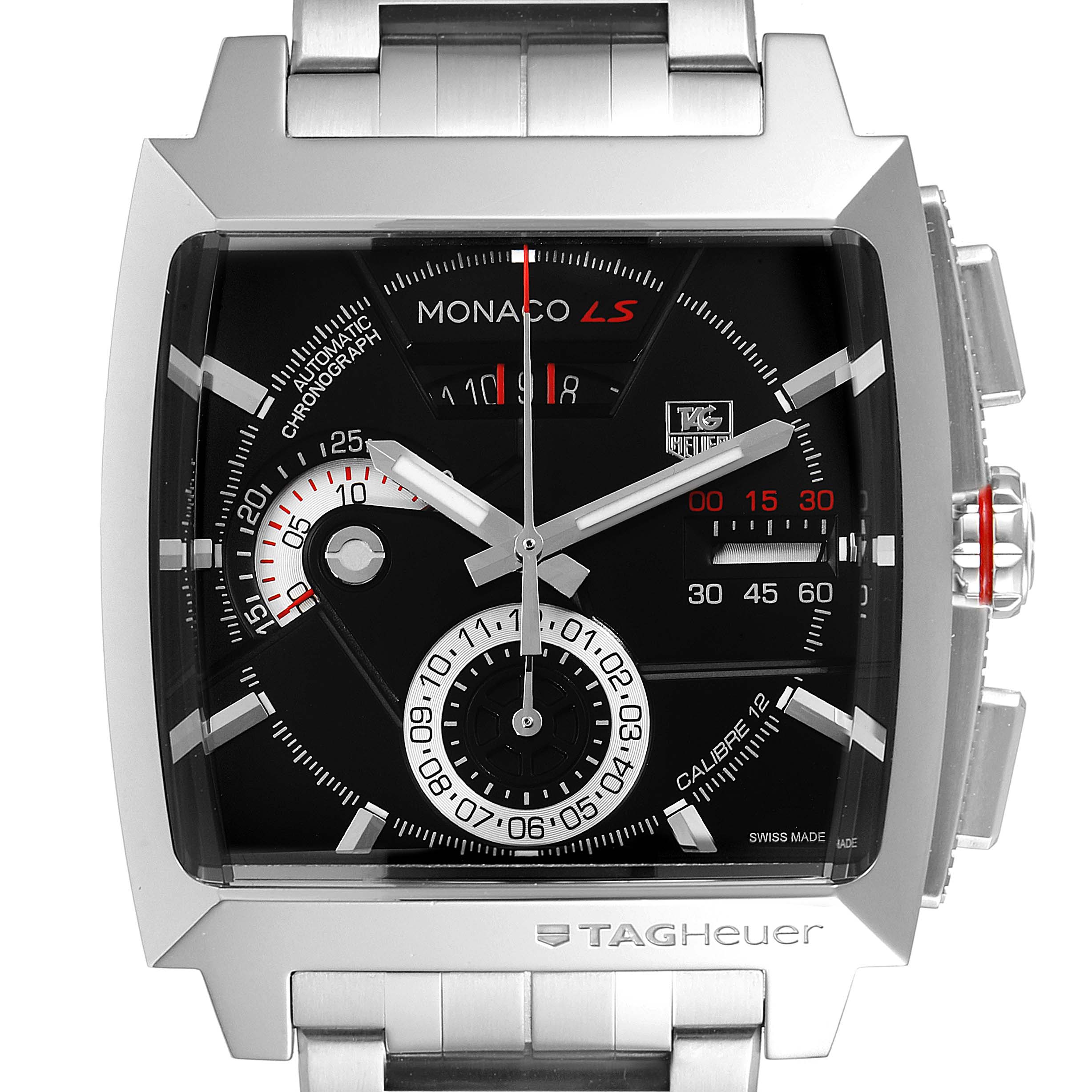 The image shows a front view of the Tag Heuer Monaco CAL2110.BA0781 Men's Stainless Steel Black Dial CAL2110.BA0781 Men's Stainless Steel Black Dial watch, highlighting the dial, hands, and part of the strap.