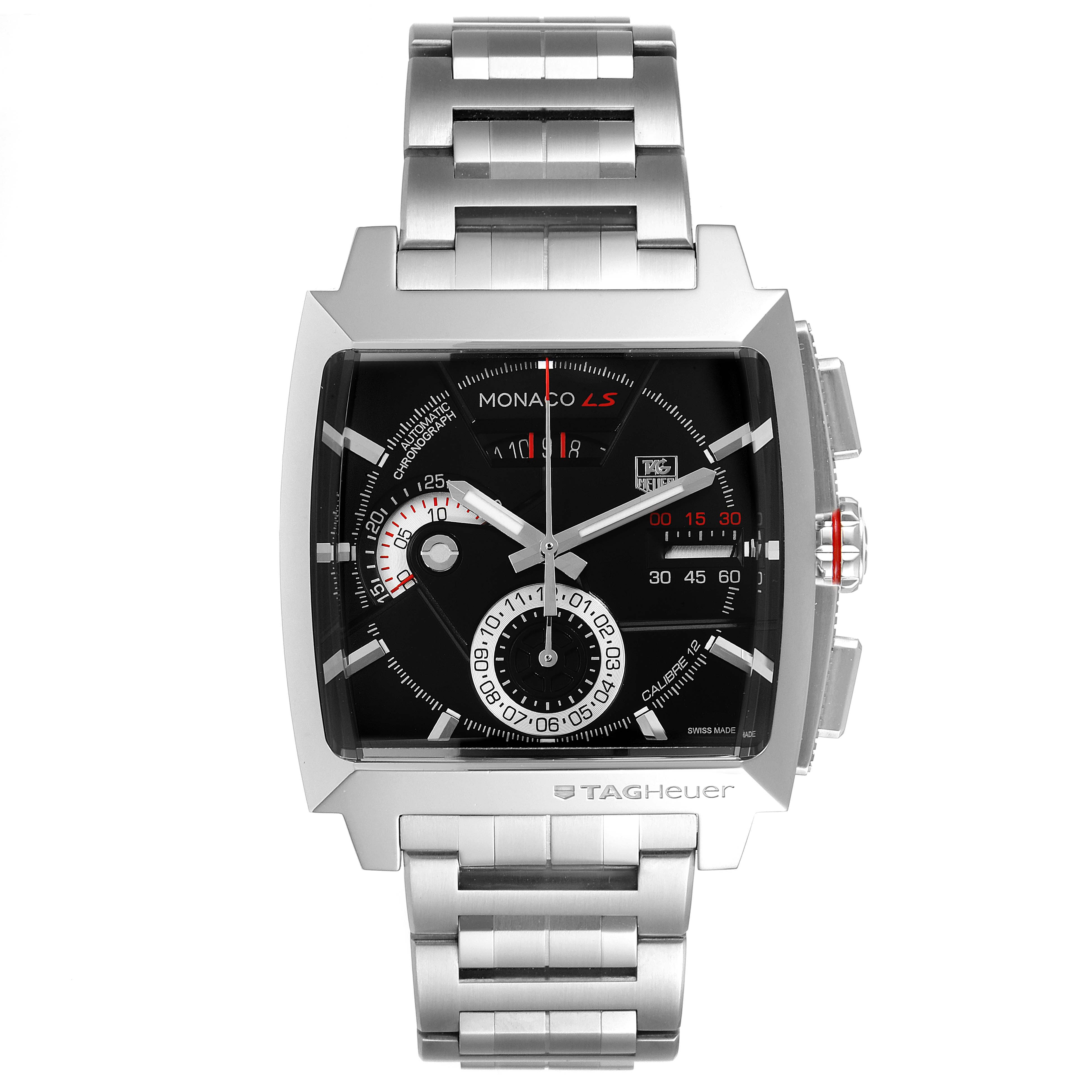 This image shows a front view of a Tag Heuer Monaco CAL2110.BA0781 Men's Stainless Steel Black Dial CAL2110.BA0781 Men's Stainless Steel Black Dial model watch with a stainless steel bracelet.