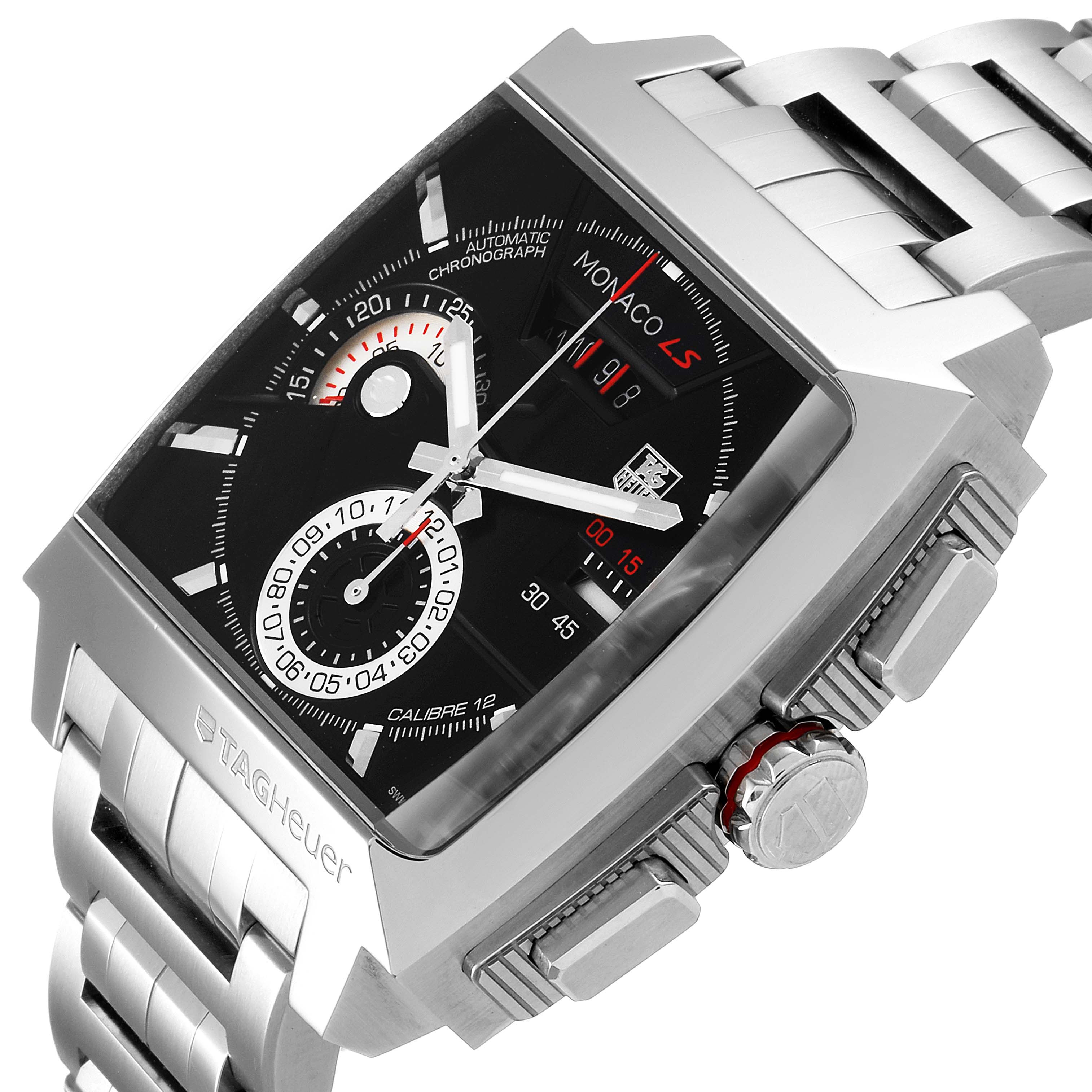 The image shows a Tag Heuer Monaco CAL2110.BA0781 Men's Stainless Steel Black Dial CAL2110.BA0781 Men's Stainless Steel Black Dial watch at a slight angle, highlighting the face, case, and part of the bracelet.