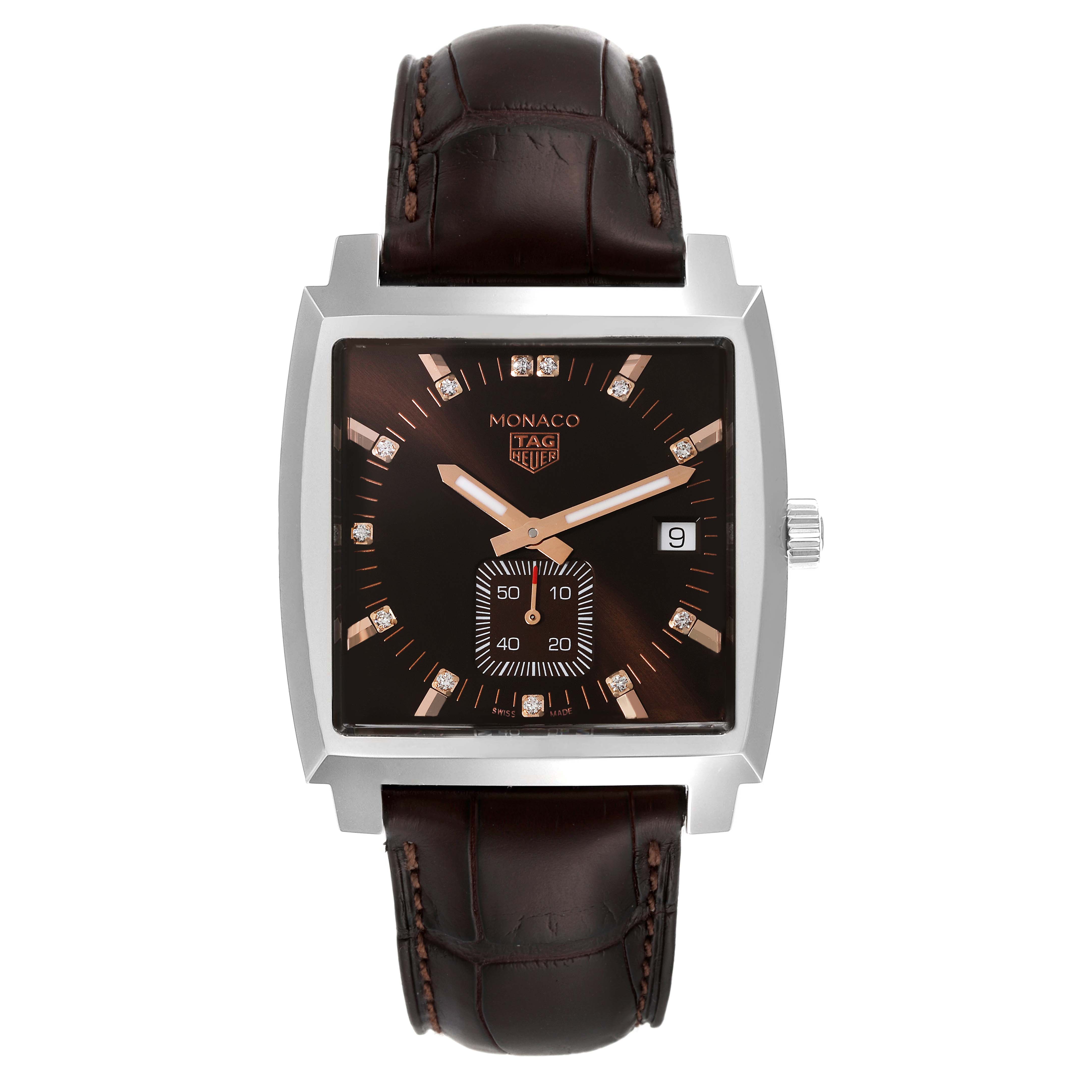 The image shows a front view of a Tag Heuer Monaco WAW131E.FC6420 Women's Stainless Steel Brown Dial WAW131E.FC6420 Women's Stainless Steel Brown Dial watch, displaying its square dial and brown leather strap.