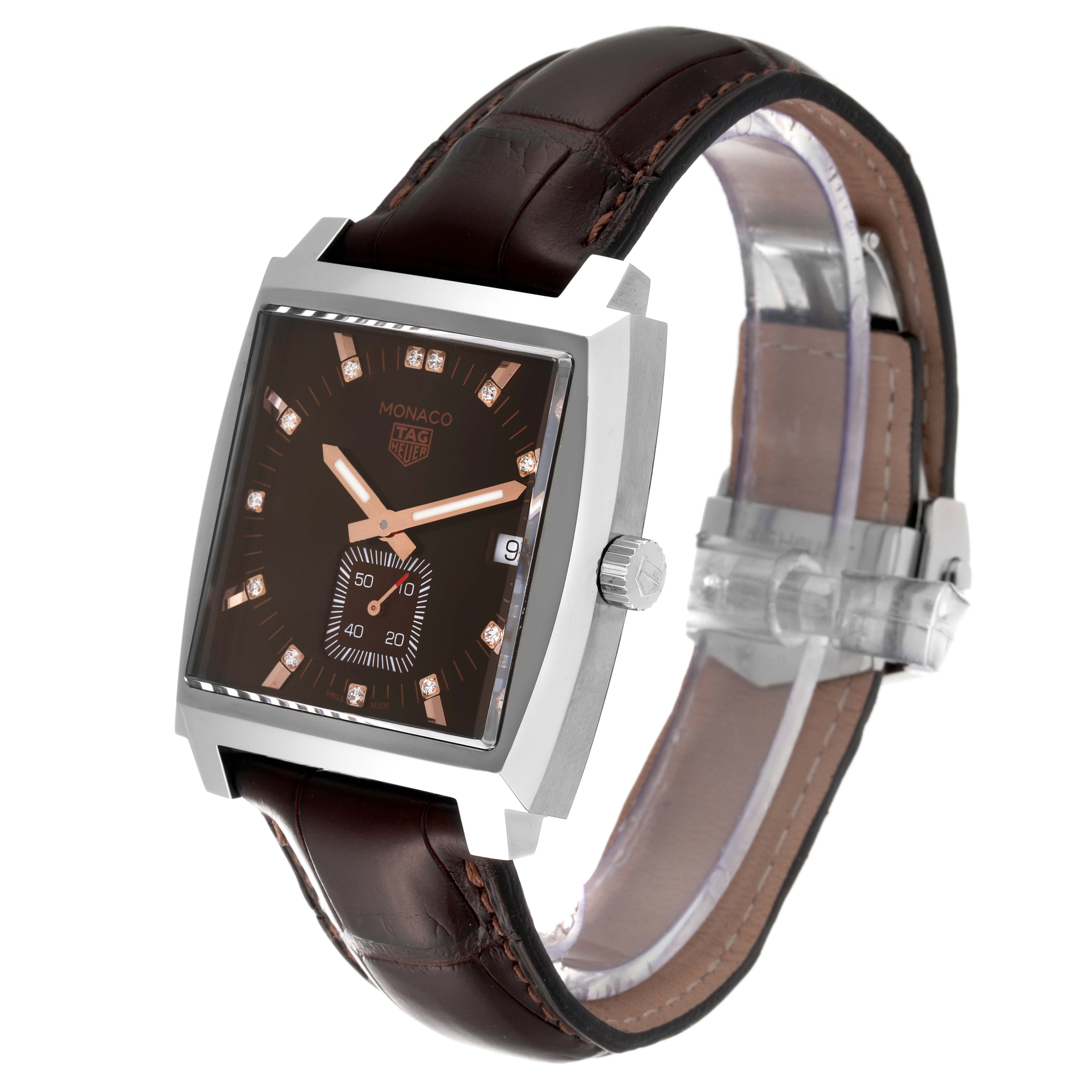 The image shows a Tag Heuer Monaco WAW131E.FC6420 Women's Stainless Steel Brown Dial WAW131E.FC6420 Women's Stainless Steel Brown Dial watch at a three-quarter angle, highlighting the dial, case, and leather strap.