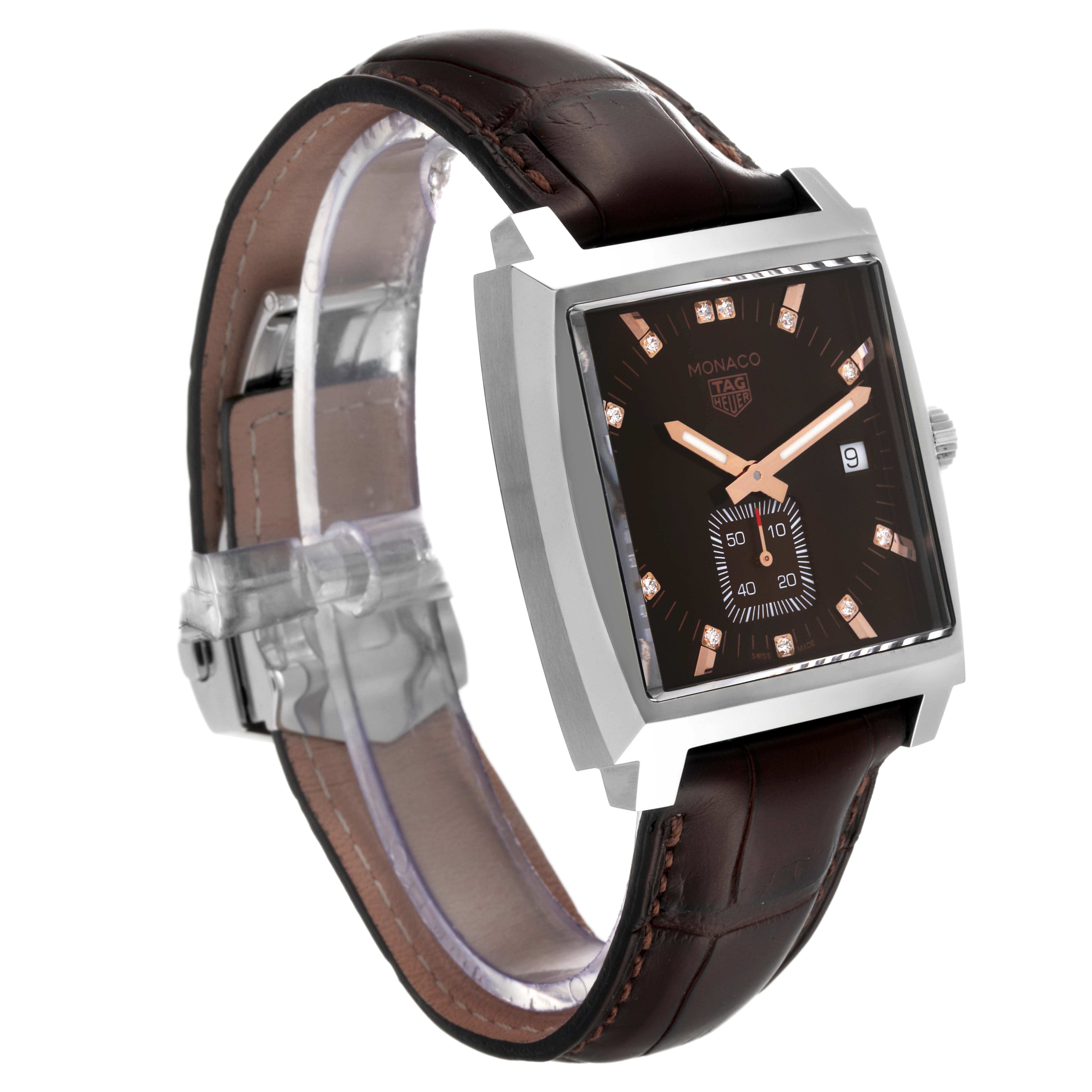 The Tag Heuer Monaco WAW131E.FC6420 Women's Stainless Steel Brown Dial WAW131E.FC6420 Women's Stainless Steel Brown Dial model watch is shown from a front angle, displaying its square dial and brown leather strap.