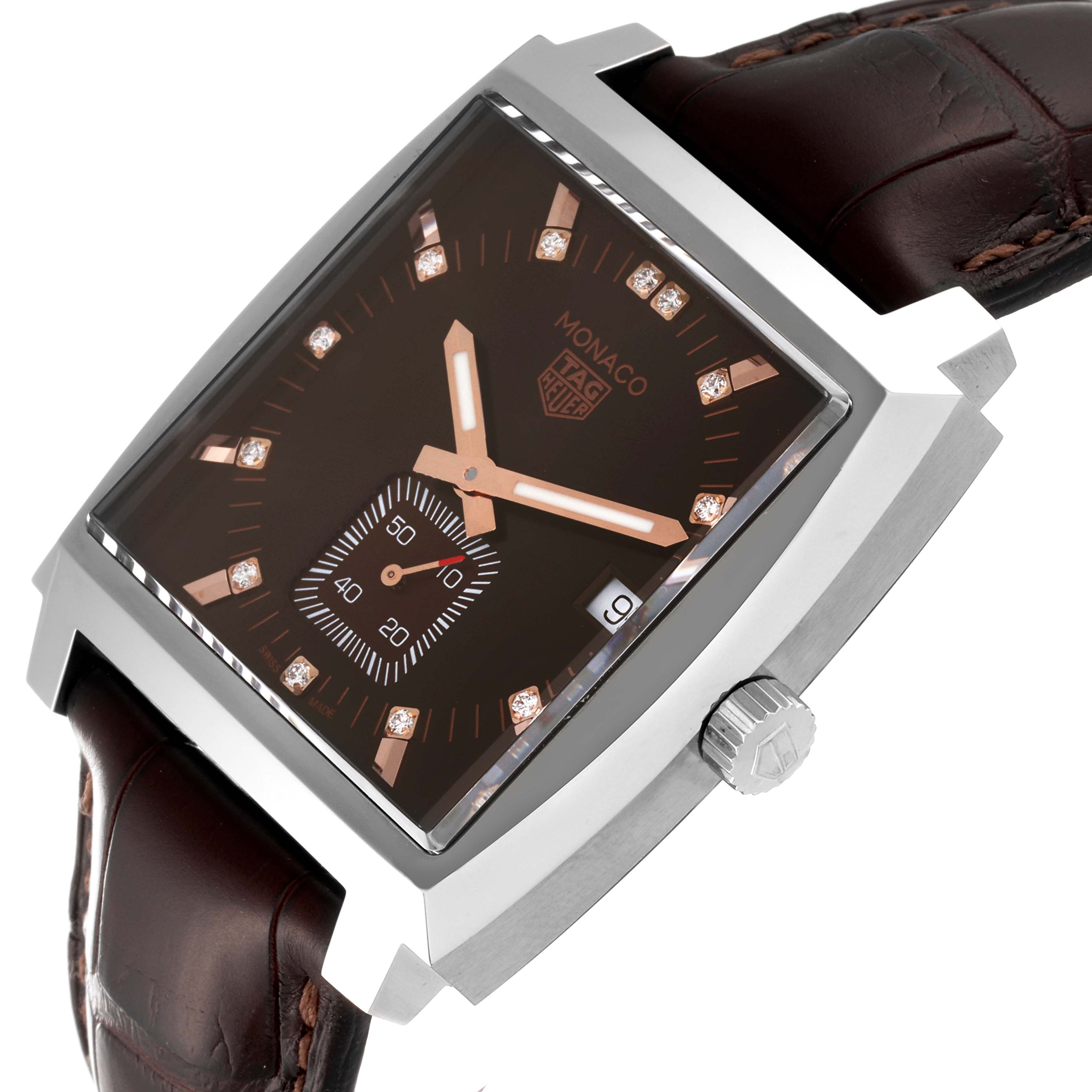 The Tag Heuer Monaco WAW131E.FC6420 Women's Stainless Steel Brown Dial WAW131E.FC6420 Women's Stainless Steel Brown Dial watch is shown from an angled close-up displaying its face, crown, and part of its brown leather strap.