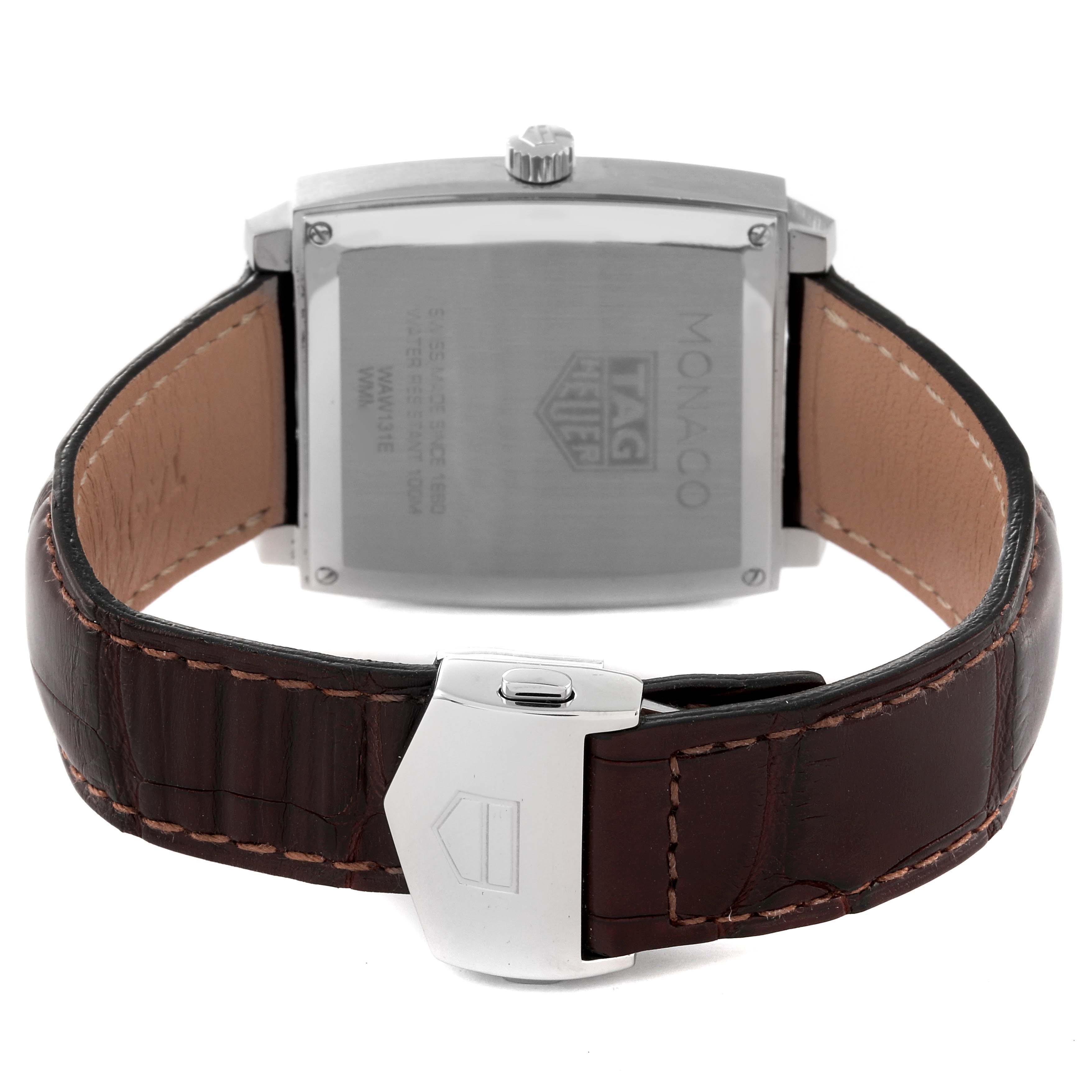 The image shows the back and clasp of the Tag Heuer Monaco WAW131E.FC6420 Women's Stainless Steel Brown Dial WAW131E.FC6420 Women's Stainless Steel Brown Dial watch with a leather strap.