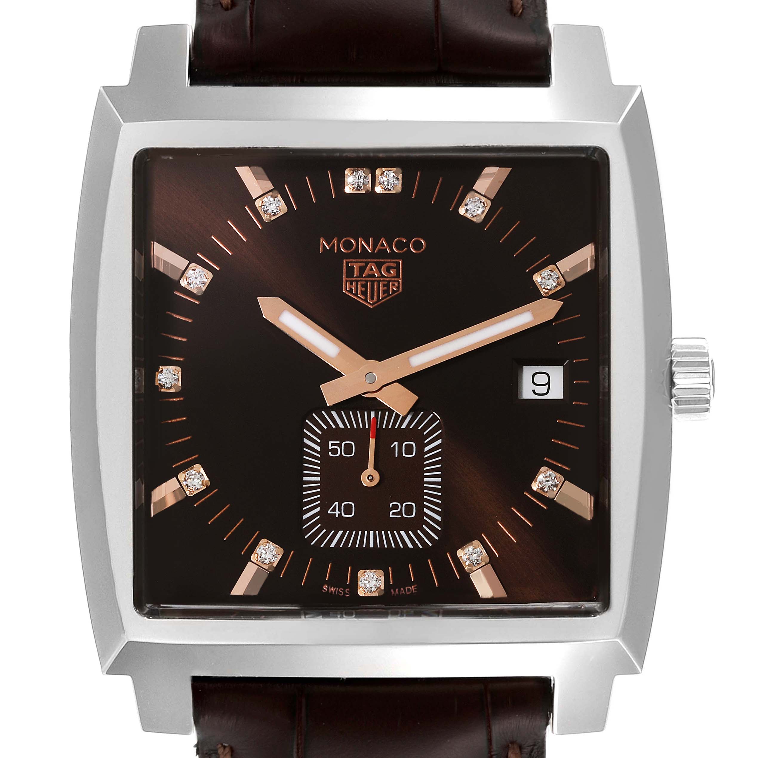 The Tag Heuer Monaco WAW131E.FC6420 Women's Stainless Steel Brown Dial WAW131E.FC6420 Women's Stainless Steel Brown Dial watch is shown from a front angle, displaying its square face, hands, date, and sub-dial.