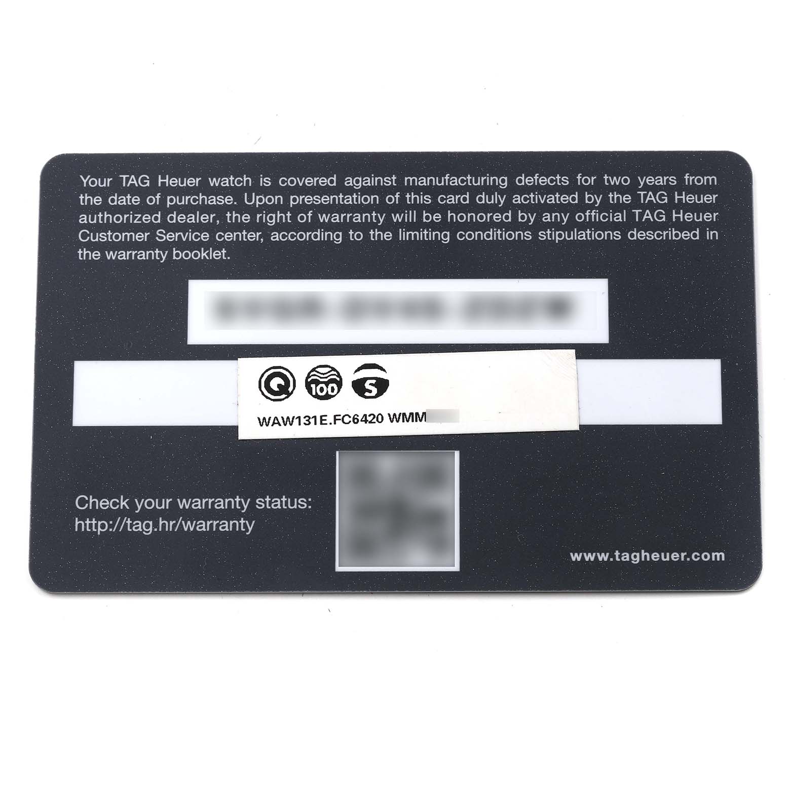 This image shows the warranty card for the Tag Heuer Monaco WAW131E.FC6420 Women's Stainless Steel Brown Dial WAW131E.FC6420 Women's Stainless Steel Brown Dial model watch, viewed from above.