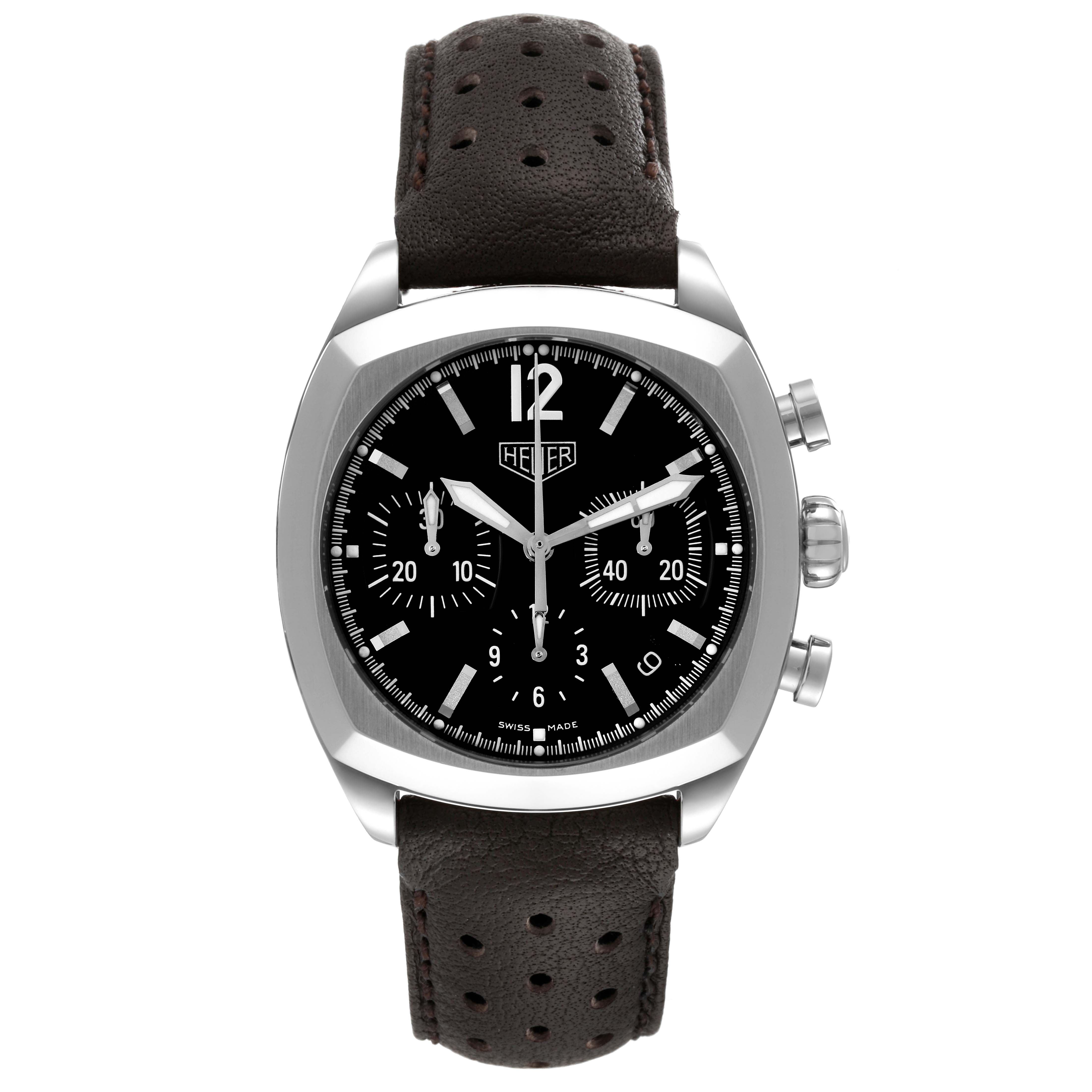 This image shows a front view of the Tag Heuer Monza CR2110 Men's Stainless Steel Black Dial CR2110 Men's Stainless Steel Black Dial watch, highlighting the dial, chronograph subdials, and perforated leather strap.