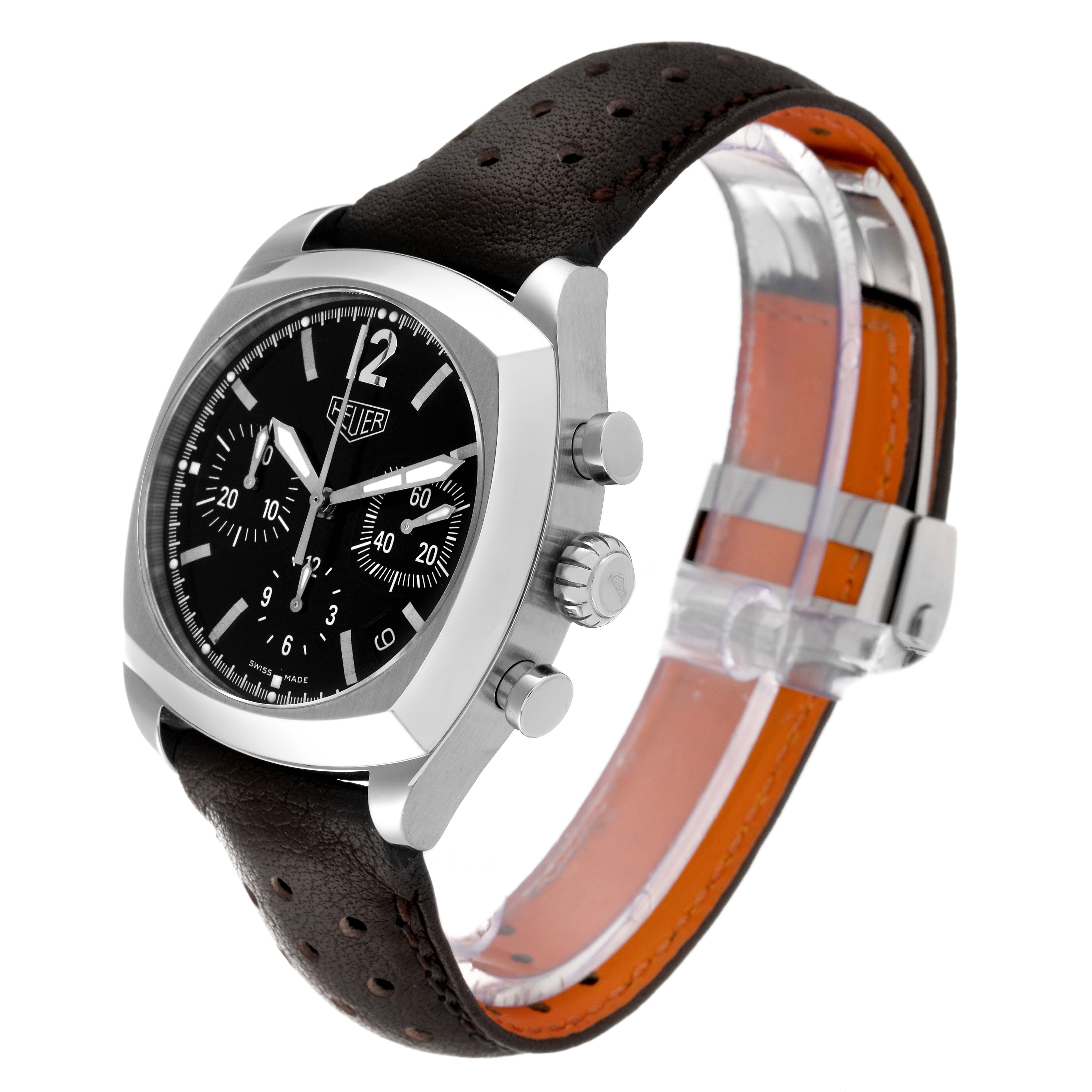 The image shows a Tag Heuer Monza CR2110 Men's Stainless Steel Black Dial CR2110 Men's Stainless Steel Black Dial watch from a three-quarter angle, highlighting its face, side buttons, and leather strap.