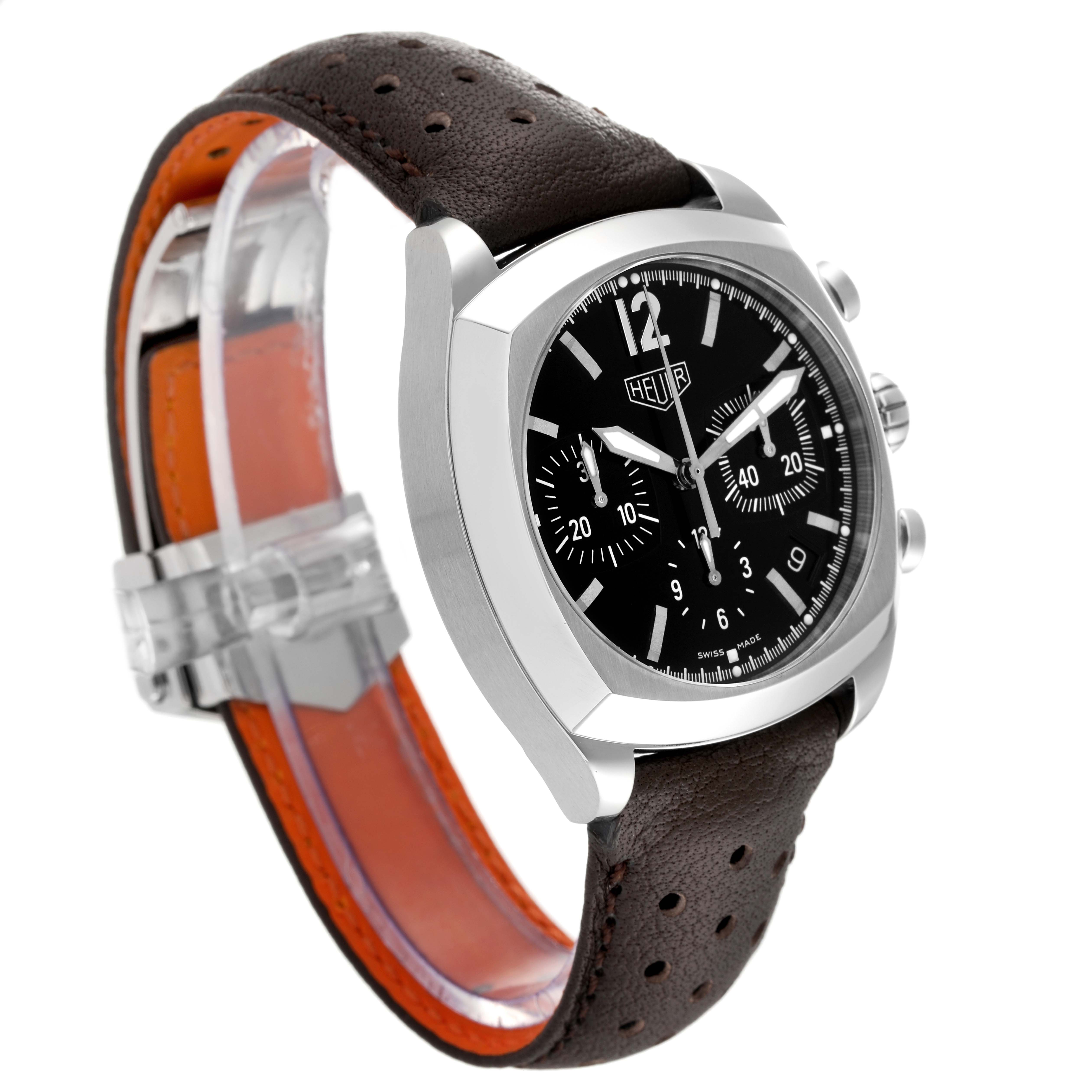 The image shows a side angle view of a Tag Heuer Monza CR2110 Men's Stainless Steel Black Dial CR2110 Men's Stainless Steel Black Dial watch, highlighting its black dial, chronograph subdials, and brown perforated leather strap.