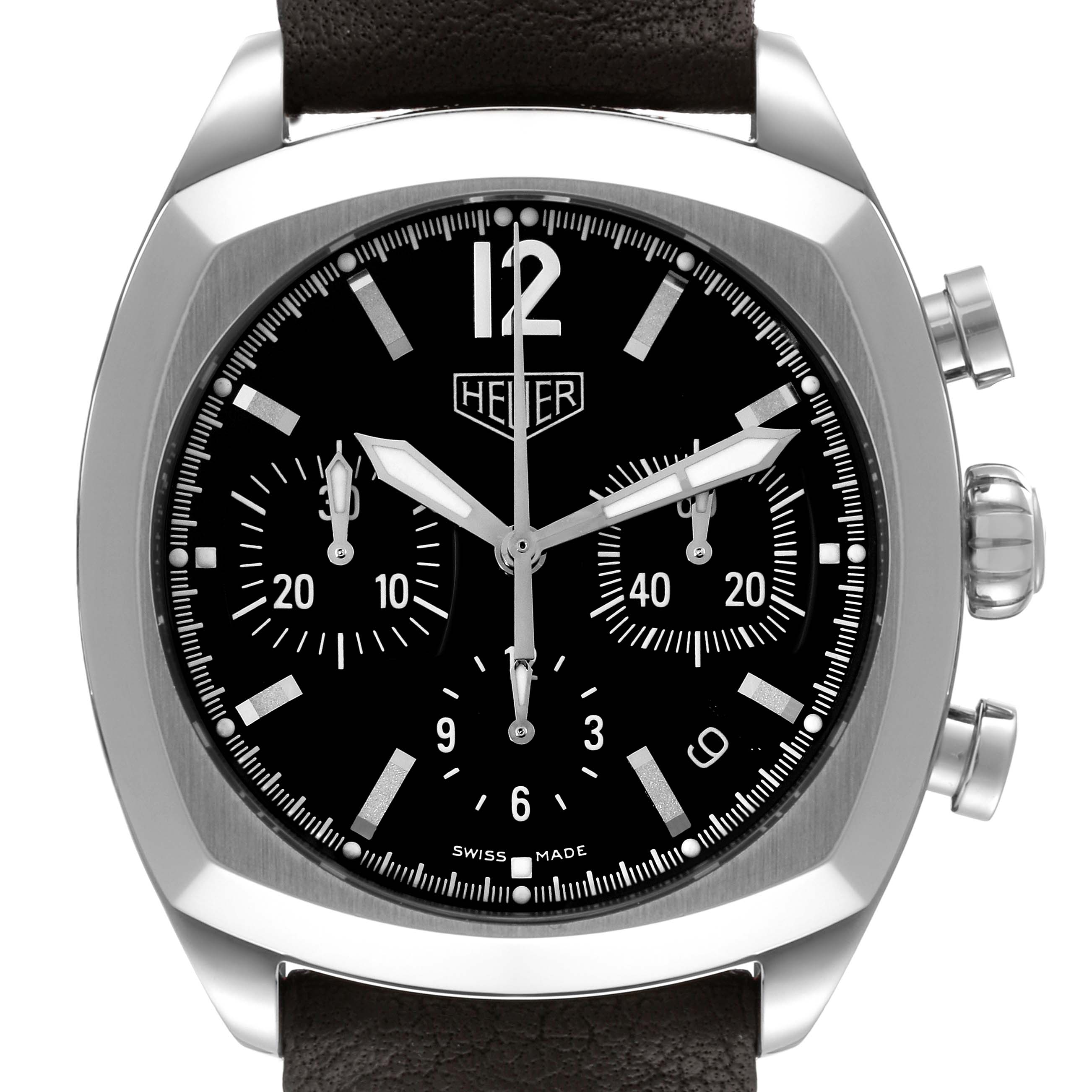 The image shows a front view of the Tag Heuer Monza CR2110 Men's Stainless Steel Black Dial CR2110 Men's Stainless Steel Black Dial watch, focusing on the dial, hands, subdials, and crown.