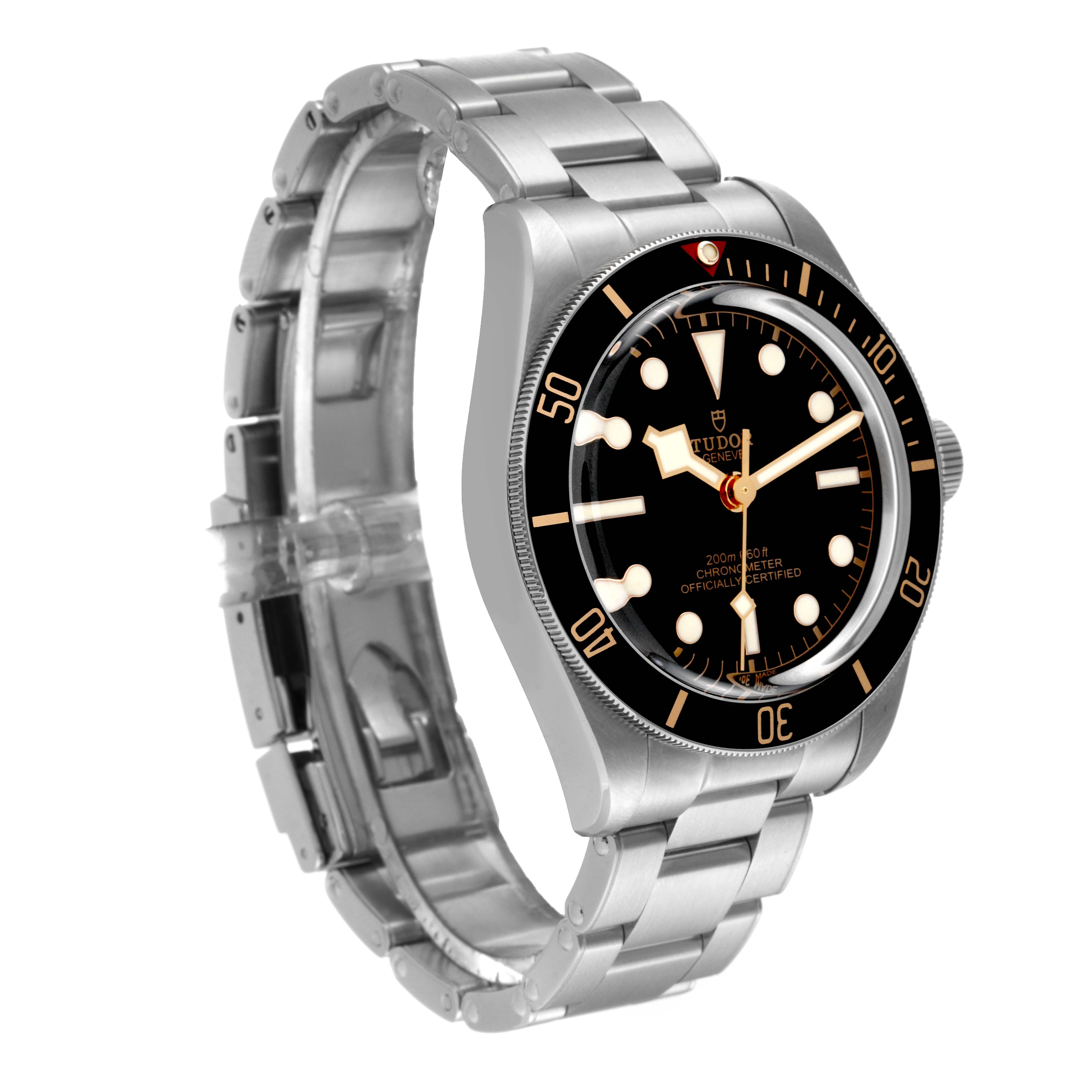 This image shows the Tudor Heritage Black Bay M79030N-0001 Men
s Stainless Steel Black Dial M79030N-0001 Men
s Stainless Steel Black Dial watch at an angled side view, highlighting its black bezel, dial, and metal bracelet.