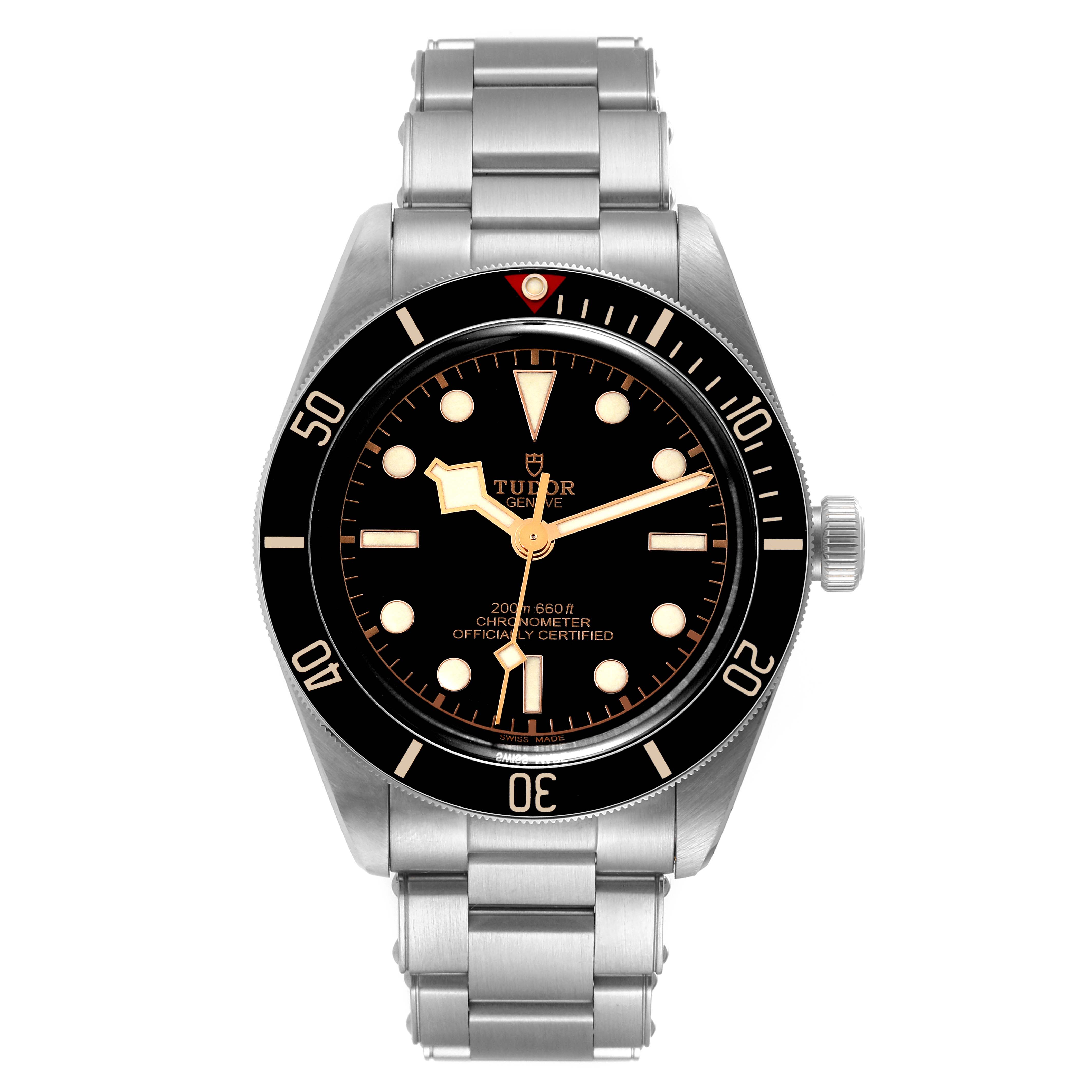 The image shows a front view of the Tudor Heritage Black Bay M79030N-0001 Men
s Stainless Steel Black Dial M79030N-0001 Men
s Stainless Steel Black Dial watch, highlighting its face, bezel, and bracelet.