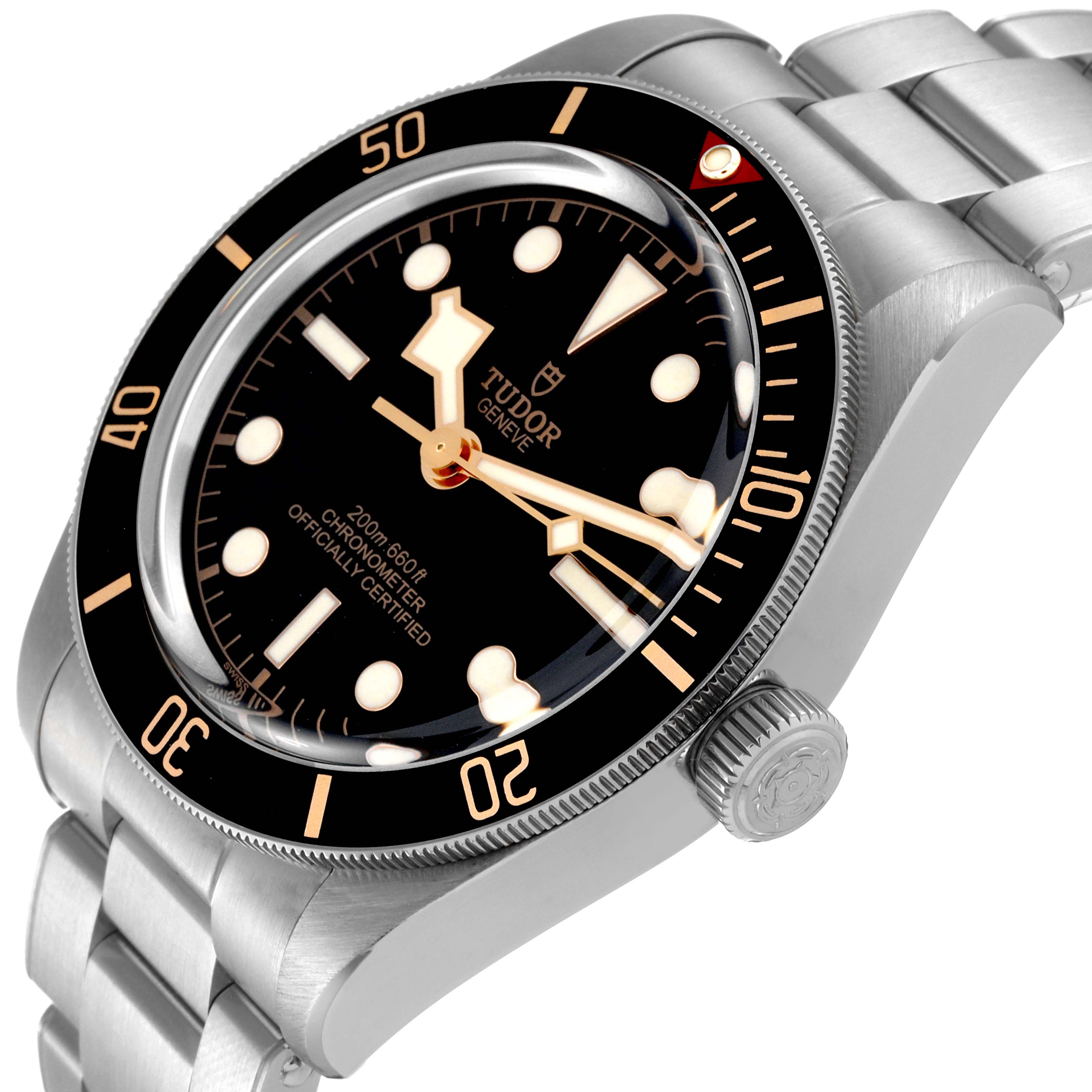 The Tudor Heritage Black Bay M79030N-0001 Men
s Stainless Steel Black Dial M79030N-0001 Men
s Stainless Steel Black Dial watch is shown from an angle highlighting its dial, bezel, crown, and part of the bracelet.