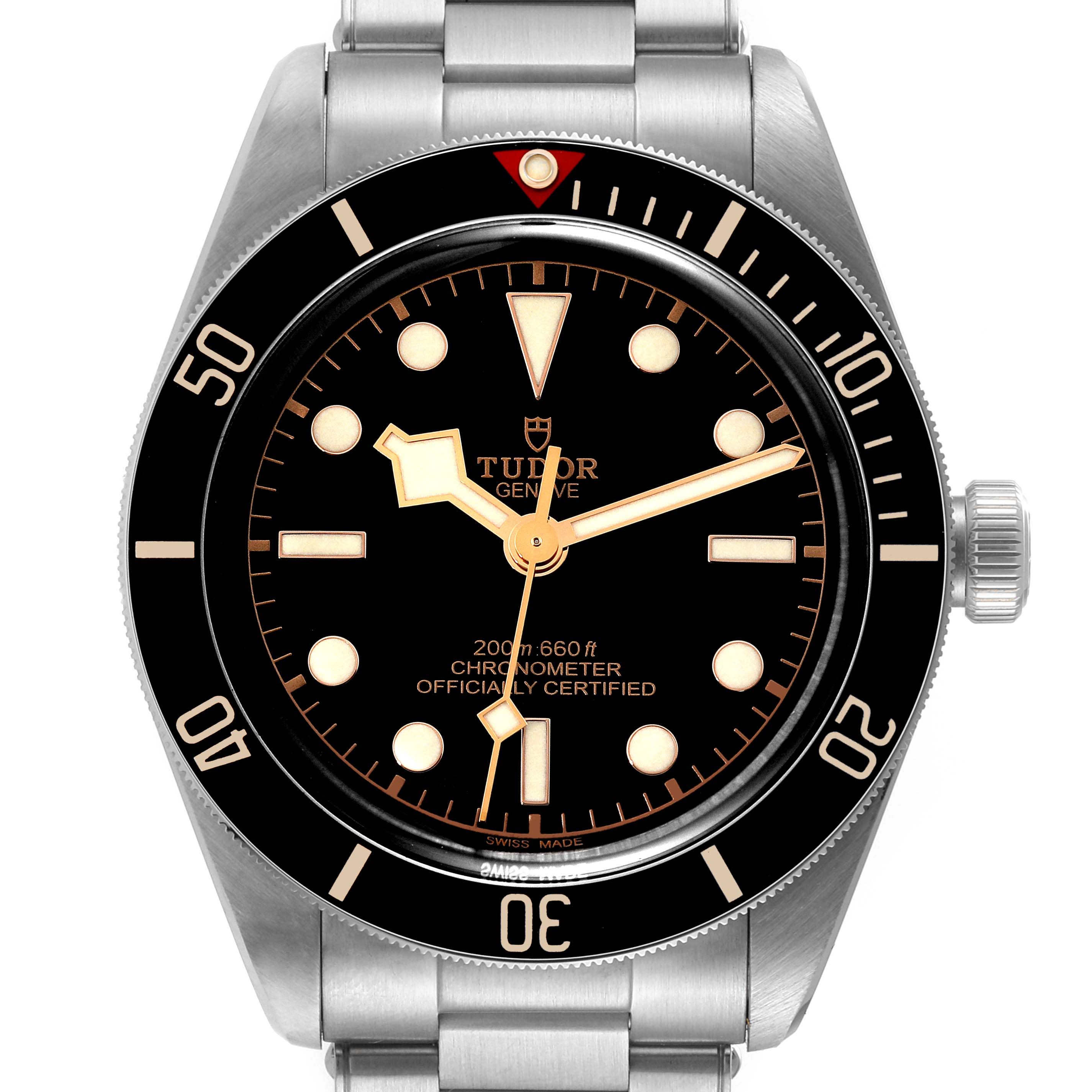 This is a front view of the Tudor Heritage Black Bay M79030N-0001 Men
s Stainless Steel Black Dial M79030N-0001 Men
s Stainless Steel Black Dial watch, showing the dial, bezel, and part of the bracelet.