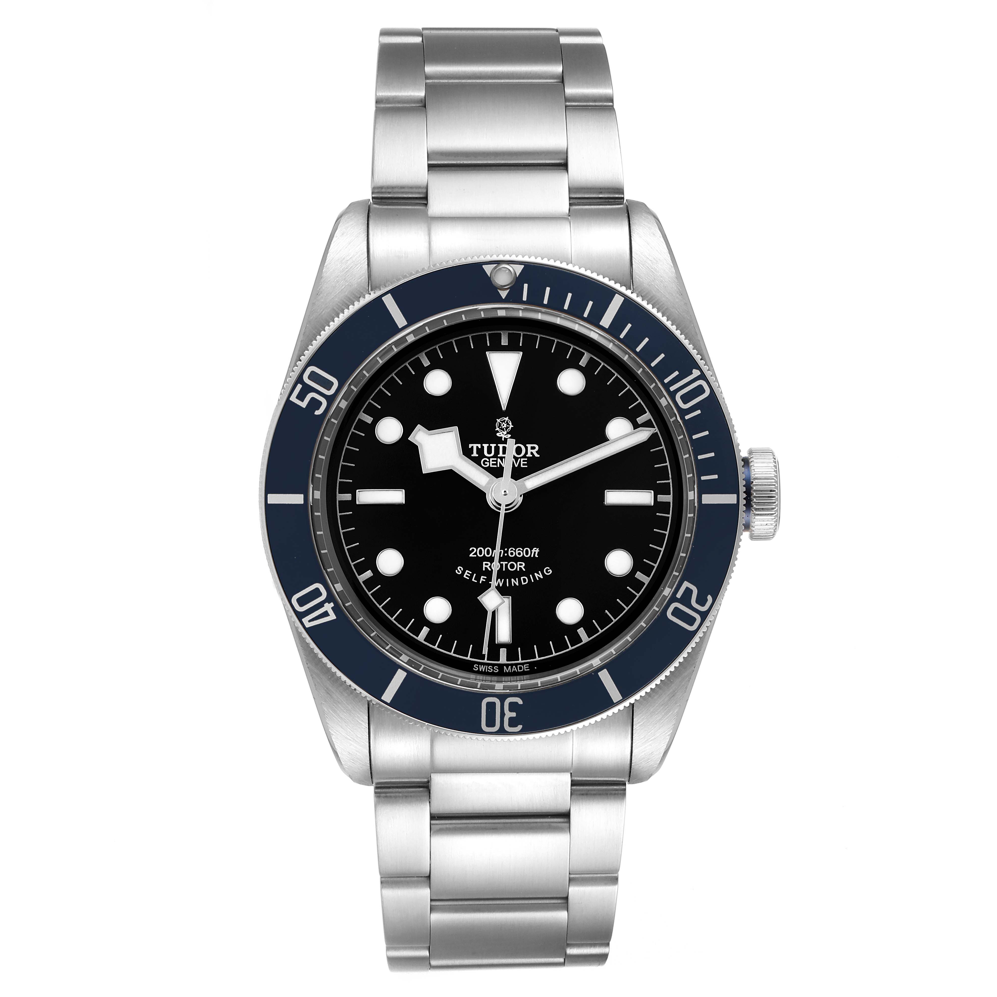 The image shows a front view of the Tudor Heritage Black Bay 79220 Men's Stainless Steel Black Dial 79220 Men's Stainless Steel Black Dial watch, displaying its dial, bezel, and stainless steel bracelet.