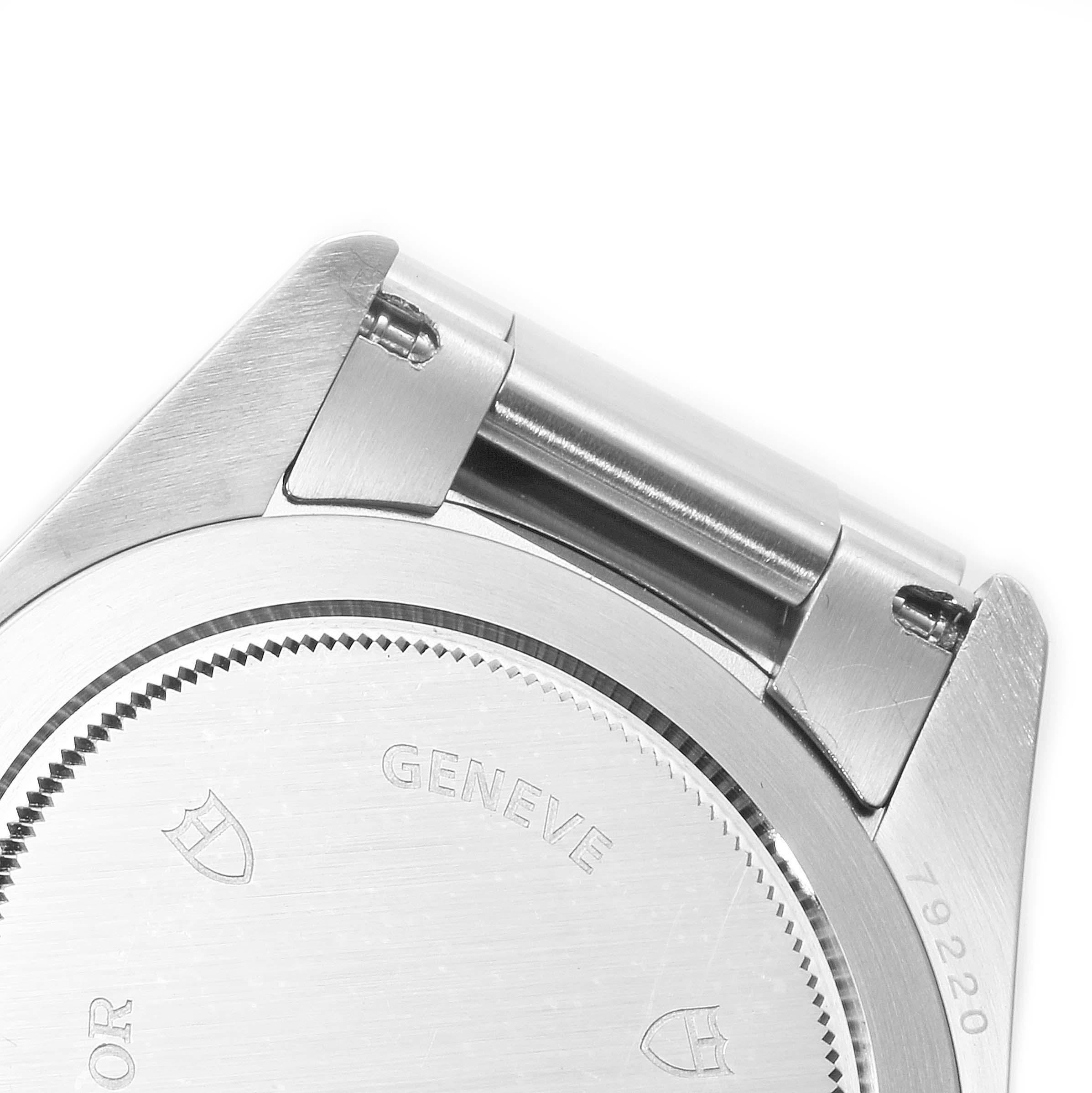This image shows a close-up of the back case and lug area of a Tudor Heritage Black Bay 79220 Men's Stainless Steel Black Dial 79220 Men's Stainless Steel Black Dial watch.