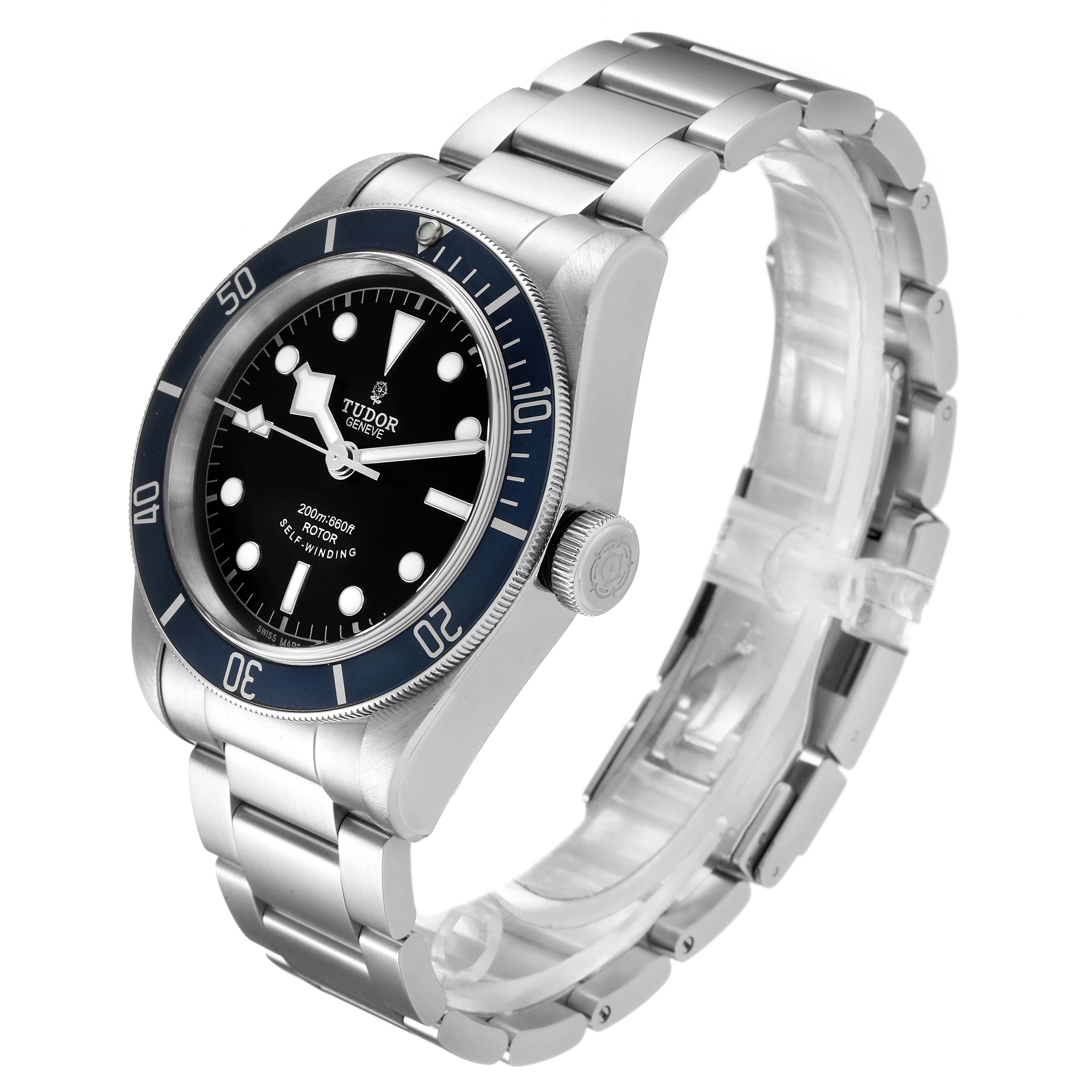 The image shows a Tudor Heritage Black Bay 79220 Men's Stainless Steel Black Dial 79220 Men's Stainless Steel Black Dial watch angled slightly from the front, highlighting the face, bezel, crown, and bracelet.