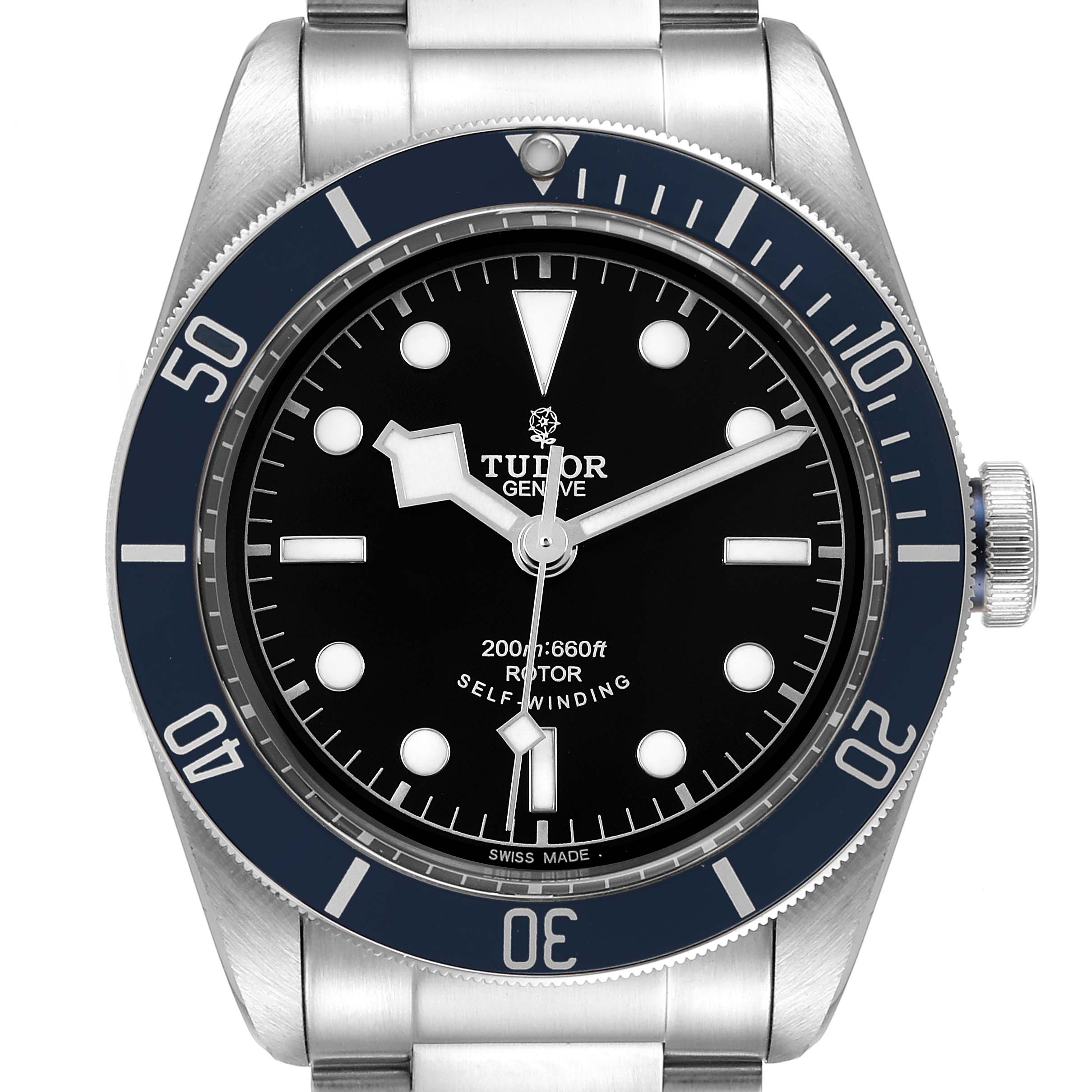 The image shows a frontal view of a Tudor Heritage Black Bay 79220 Men's Stainless Steel Black Dial 79220 Men's Stainless Steel Black Dial watch, displaying its dial, bezel, and part of the bracelet.