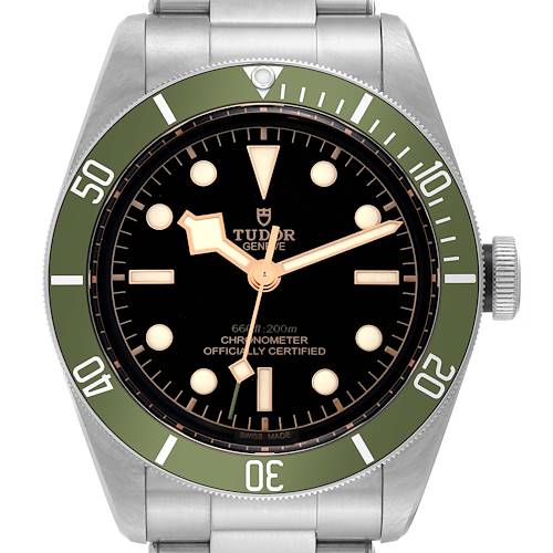 The Tudor Heritage Black Bay 79230G Men's Stainless Steel Black Dial watch is shown from a front angle, featuring its face, bezel, hands, and part of the bracelet.