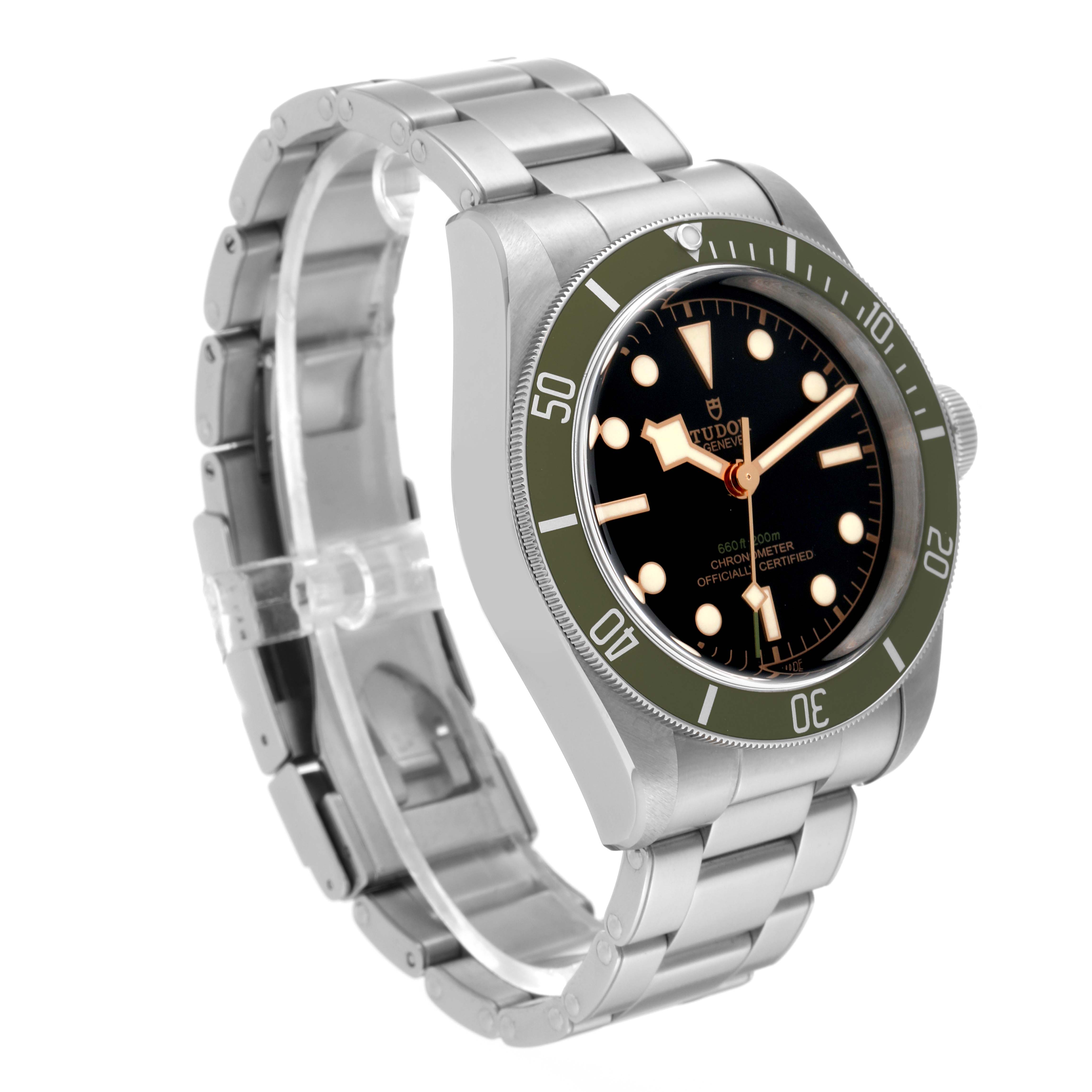 The image shows a Tudor Heritage Black Bay 79230G Men's Stainless Steel Black Dial watch angled to display the dial, bezel, case, and bracelet.