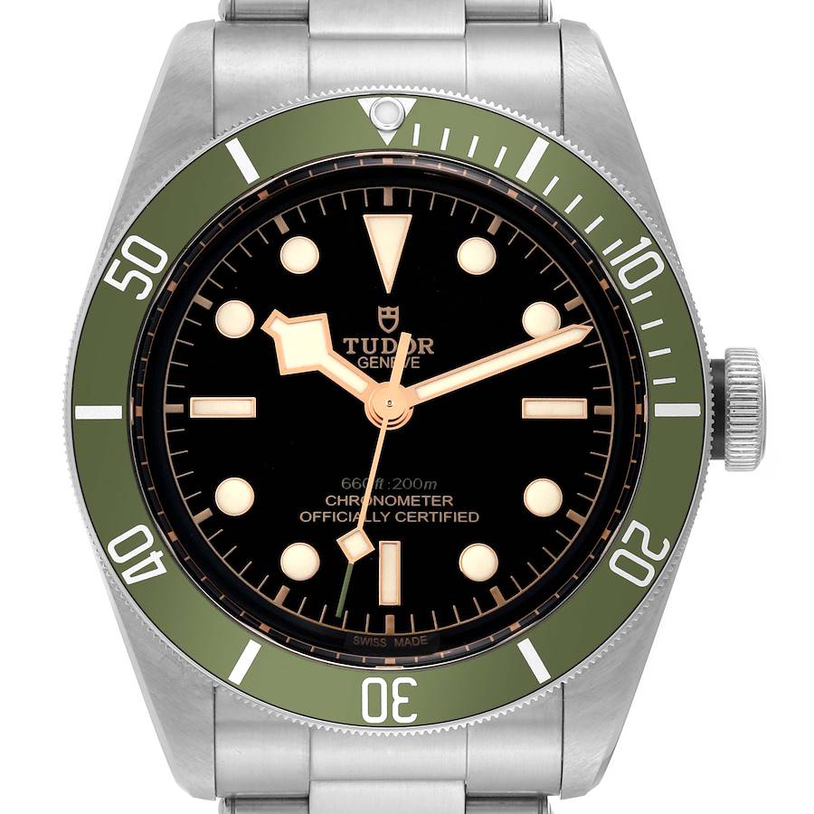 The Tudor Heritage Black Bay 79230G Men's Stainless Steel Black Dial watch is shown from the front, displaying its face, bezel, and part of the bracelet.