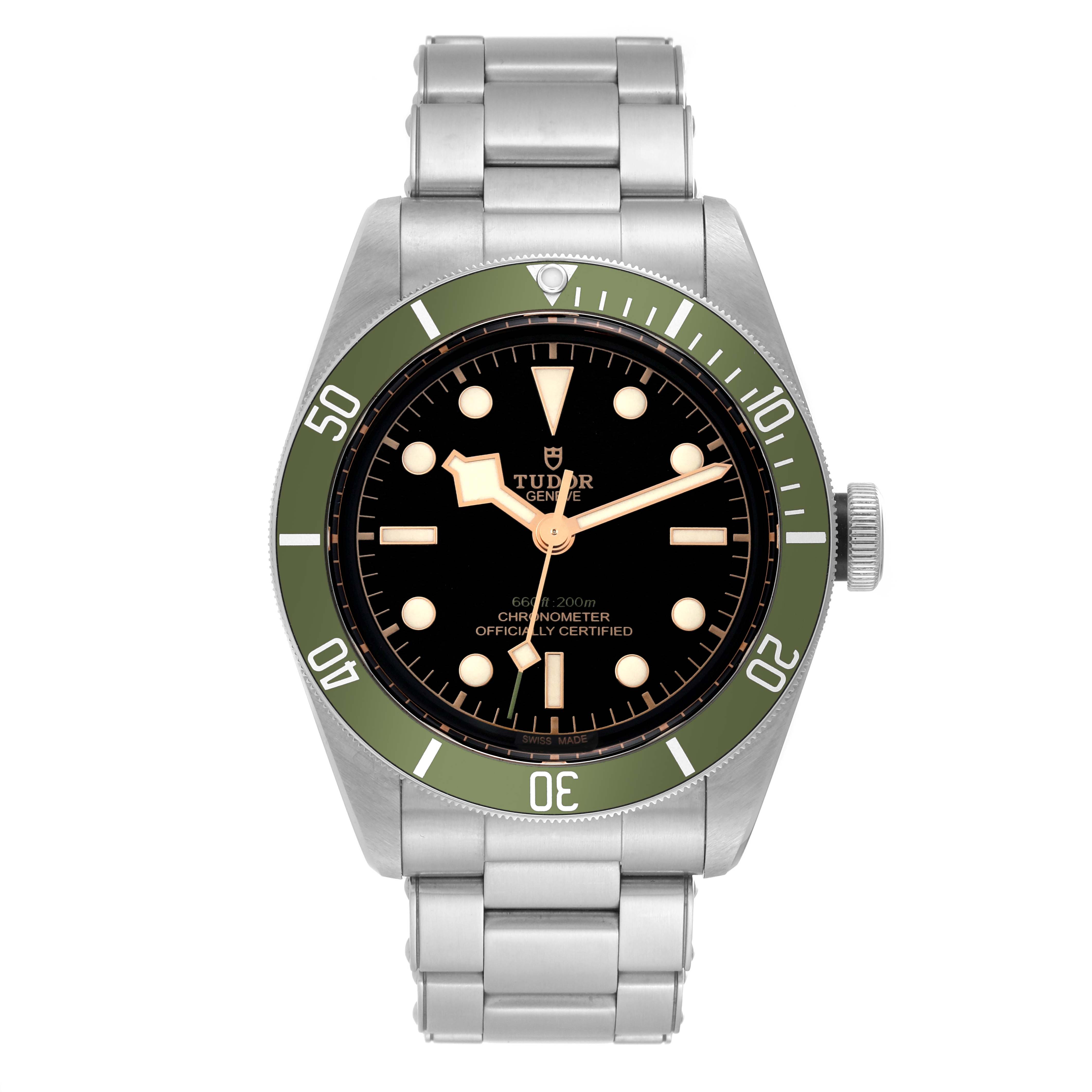 The Tudor Heritage Black Bay 79230G Men's Stainless Steel Black Dial watch is shown from a top-down angle displaying the dial, bezel, and stainless steel bracelet.