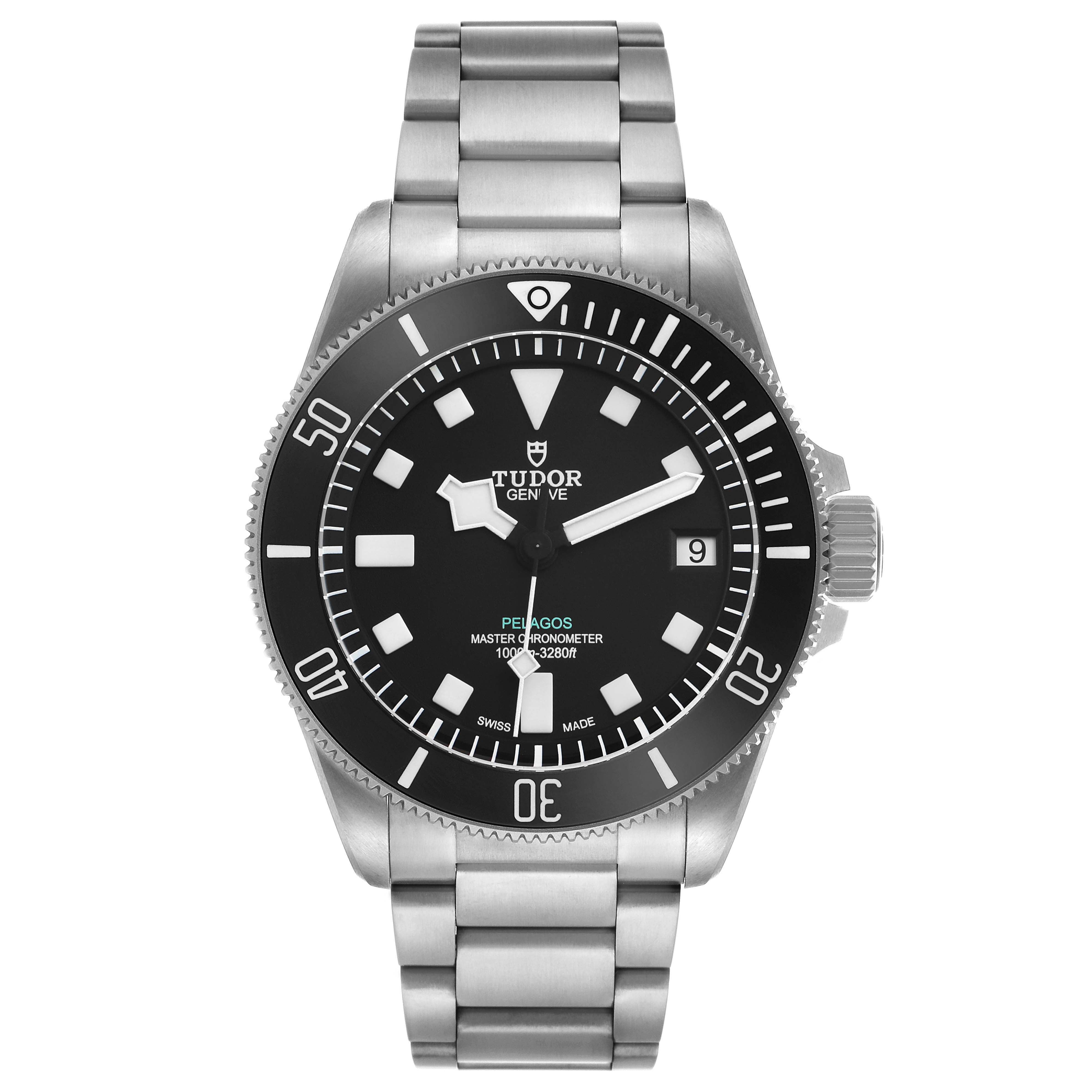 The Tudor Pelagos M2543C1A7NU-0001 Men's Titanium Black Dial watch is shown from the front, highlighting its dial, bezel, hands, and bracelet.