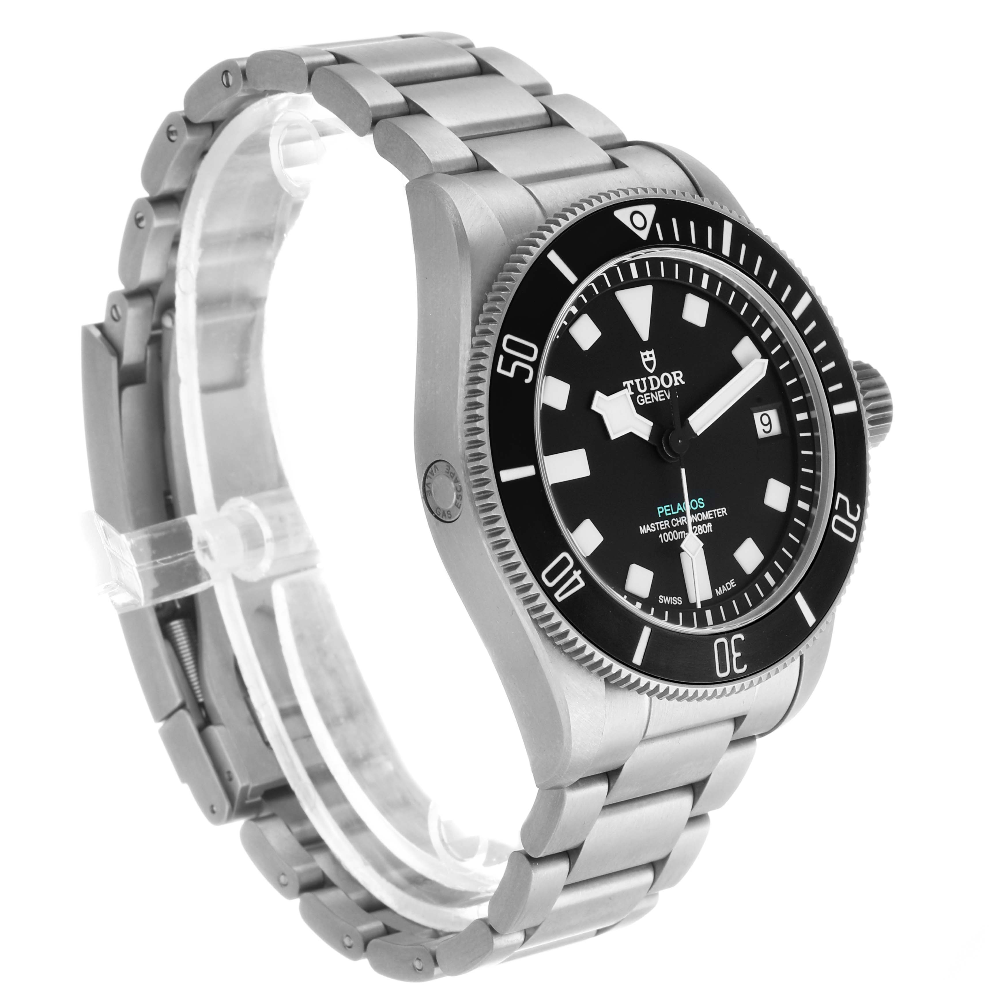 The Tudor Pelagos M2543C1A7NU-0001 Men's Titanium Black Dial watch is shown at a three-quarter angle, highlighting the face, bezel, crown, and bracelet.