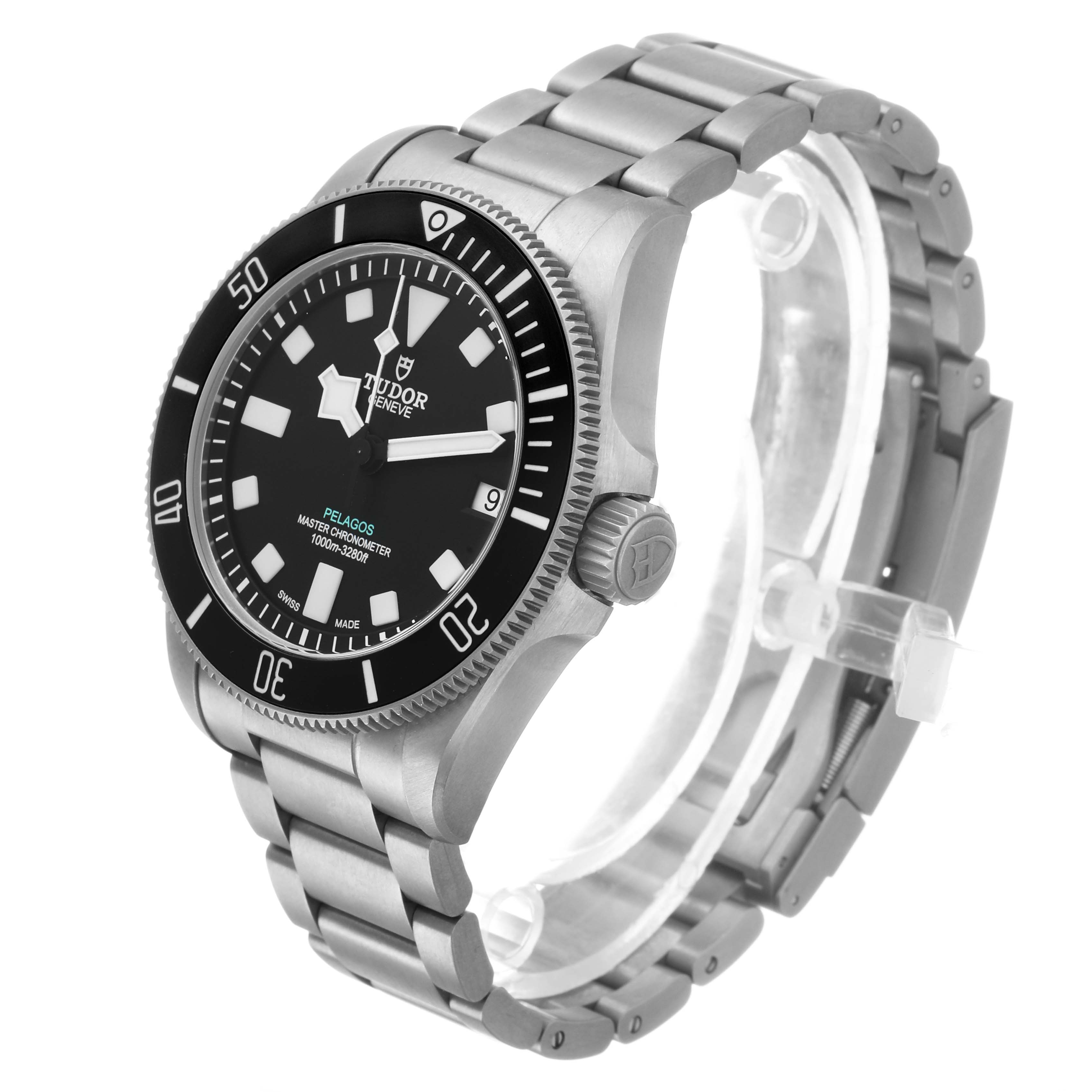 The Tudor Pelagos M2543C1A7NU-0001 Men's Titanium Black Dial watch is shown at a slight angle, highlighting the face, bezel, crown, and bracelet.