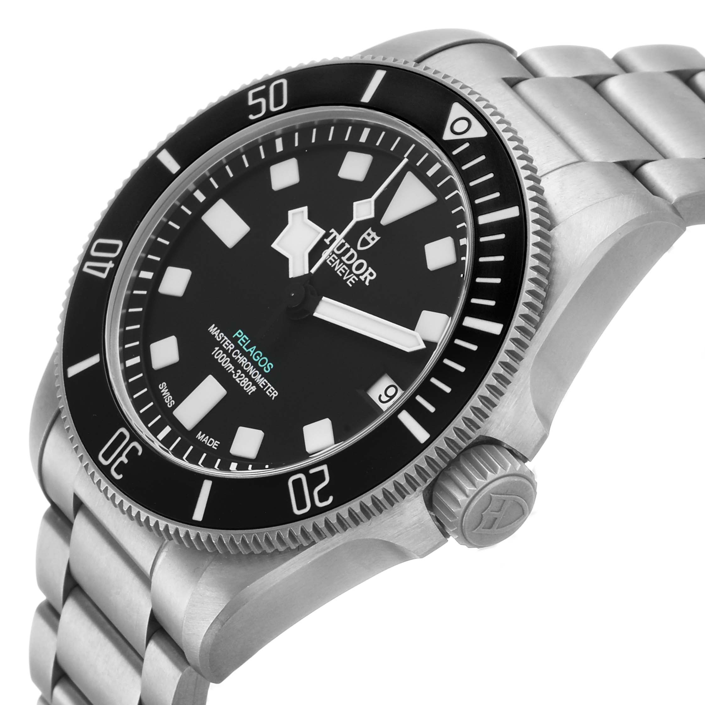 The Tudor Pelagos M2543C1A7NU-0001 Men's Titanium Black Dial watch is shown at an angled view, featuring its bezel, dial, crown, and bracelet.