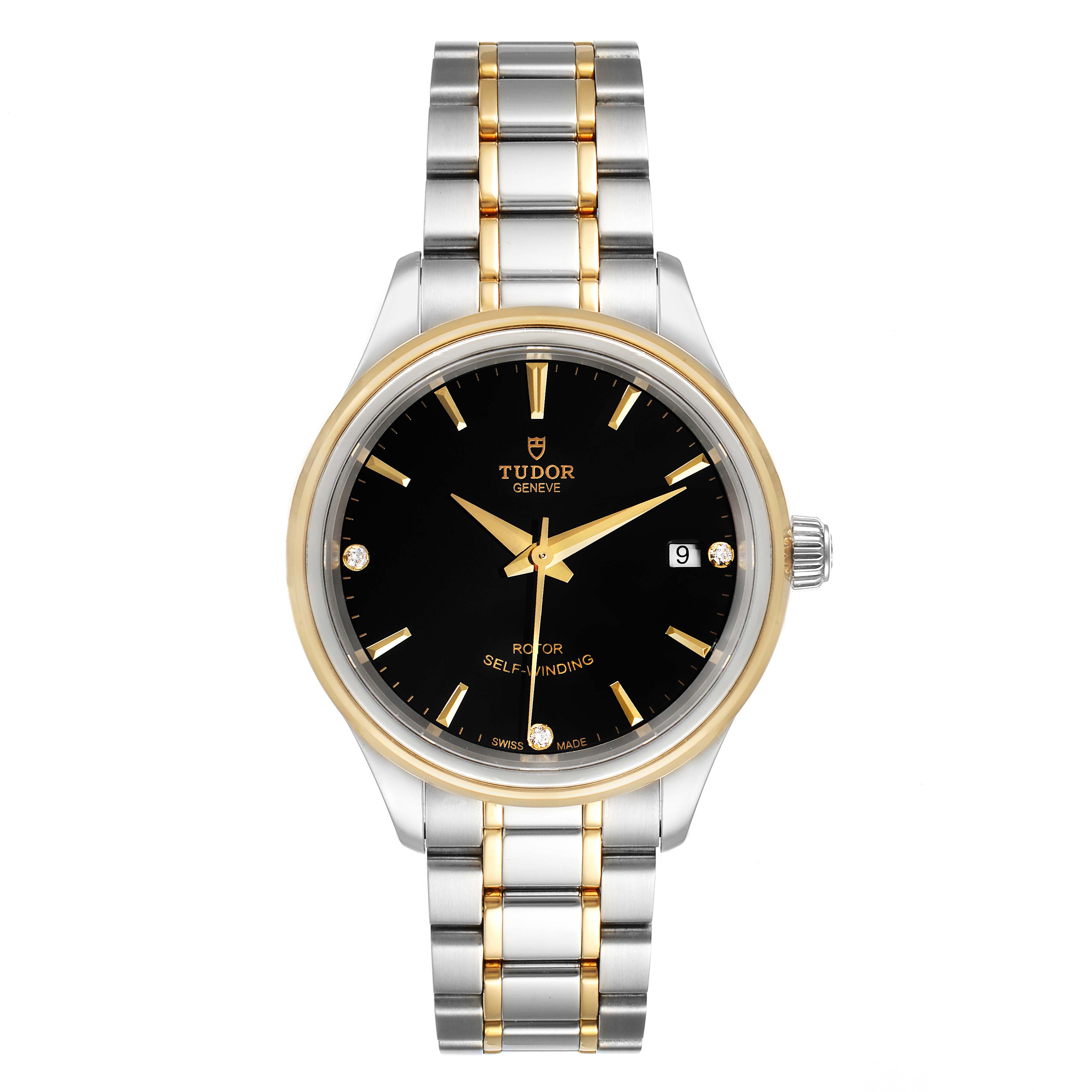 The Tudor Style M12303 Women
s Steel and Gold (two tone) Black Dial M12303 Women
s Steel and Gold (two tone) Black Dial model watch is shown from a top-down angle, displaying its dial, bracelet, and crown.
