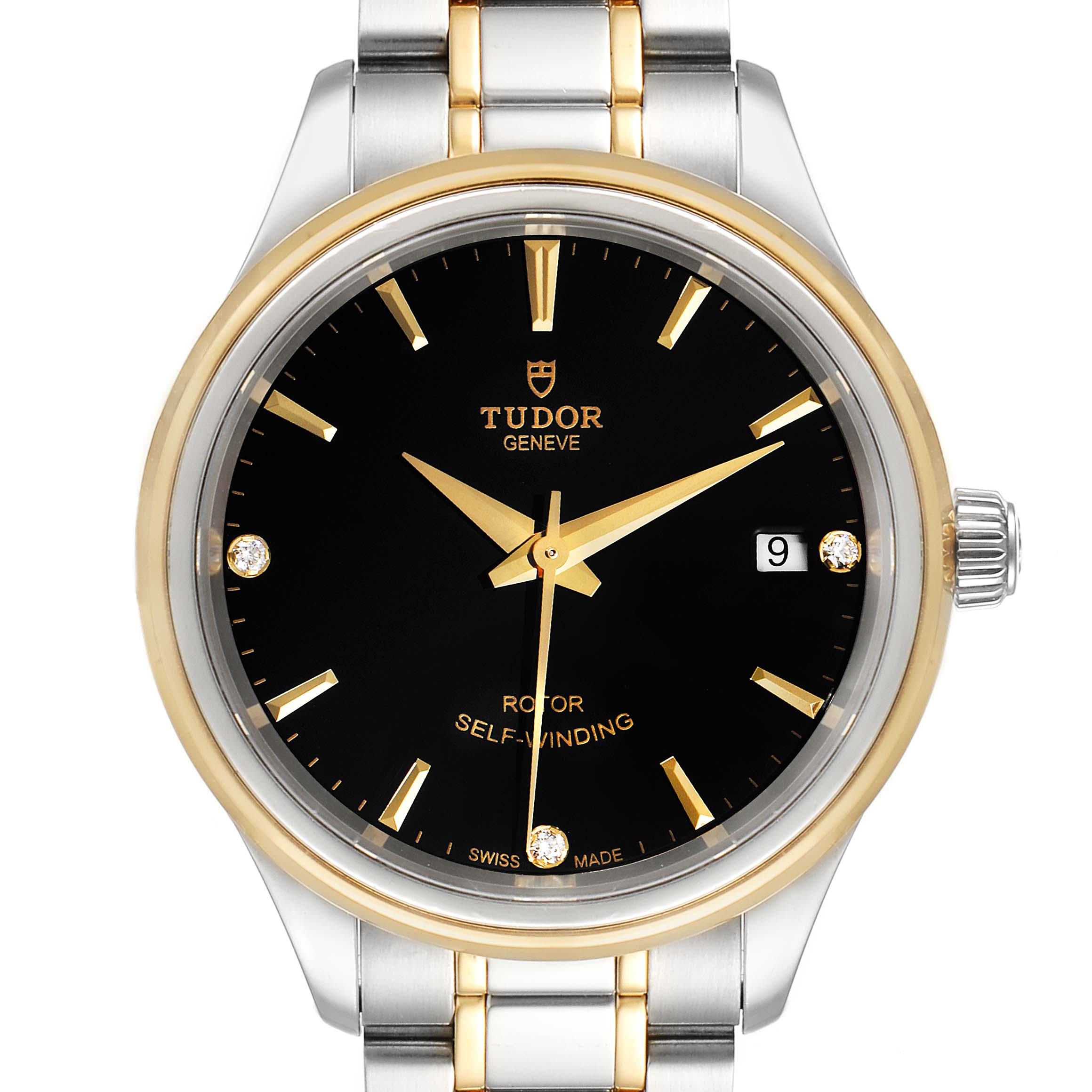 This Tudor Style M12303 Women
s Steel and Gold (two tone) Black Dial M12303 Women
s Steel and Gold (two tone) Black Dial model watch is shown from the front, displaying its black dial, gold markers, date window, and two-tone bracelet.