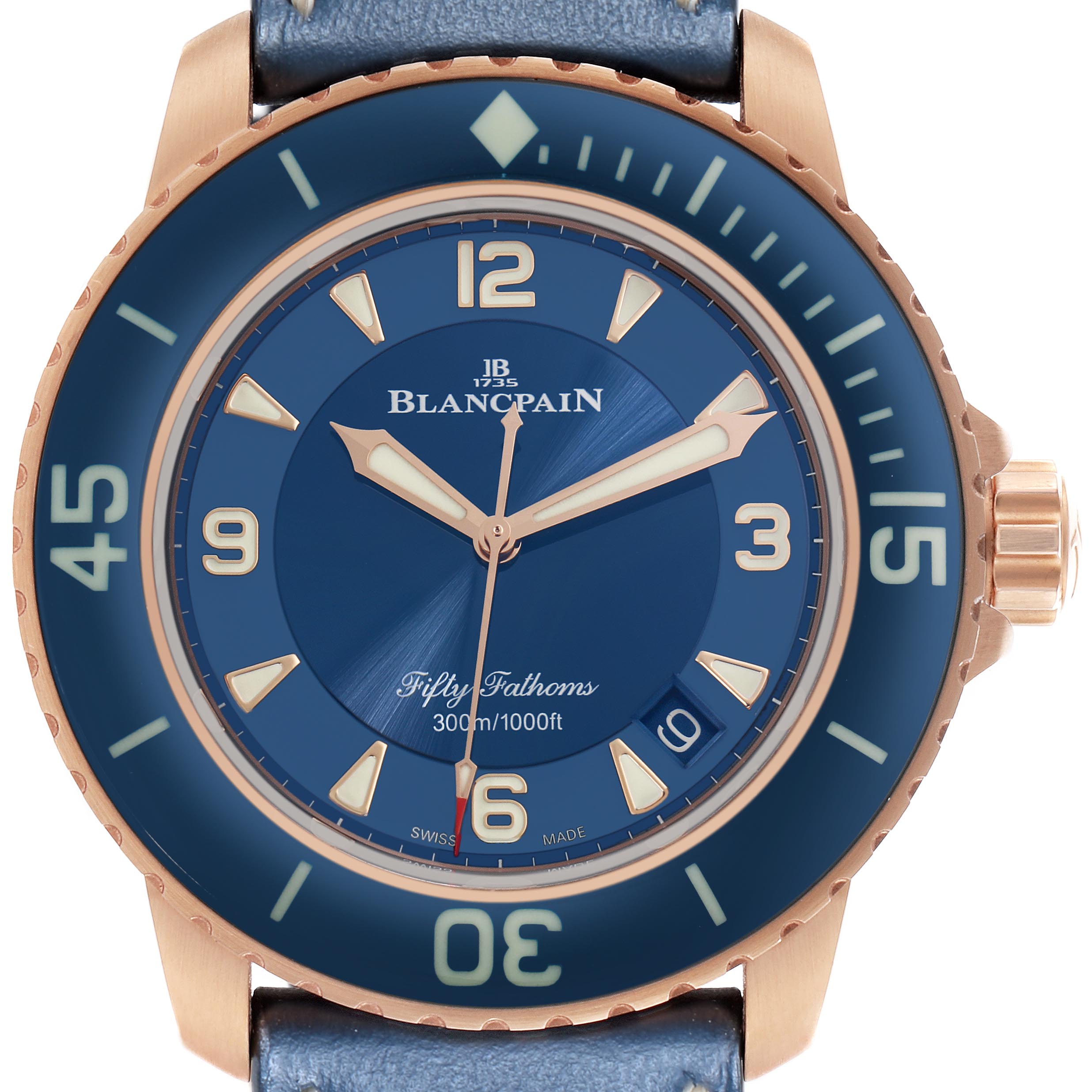 The Blancpain Fifty Fathoms 5015-363-C63B Men's Rose Gold Blue Dial 5015-363-C63B Men's Rose Gold Blue Dial watch is shown from a front angle, highlighting the dial, bezel, and crown.